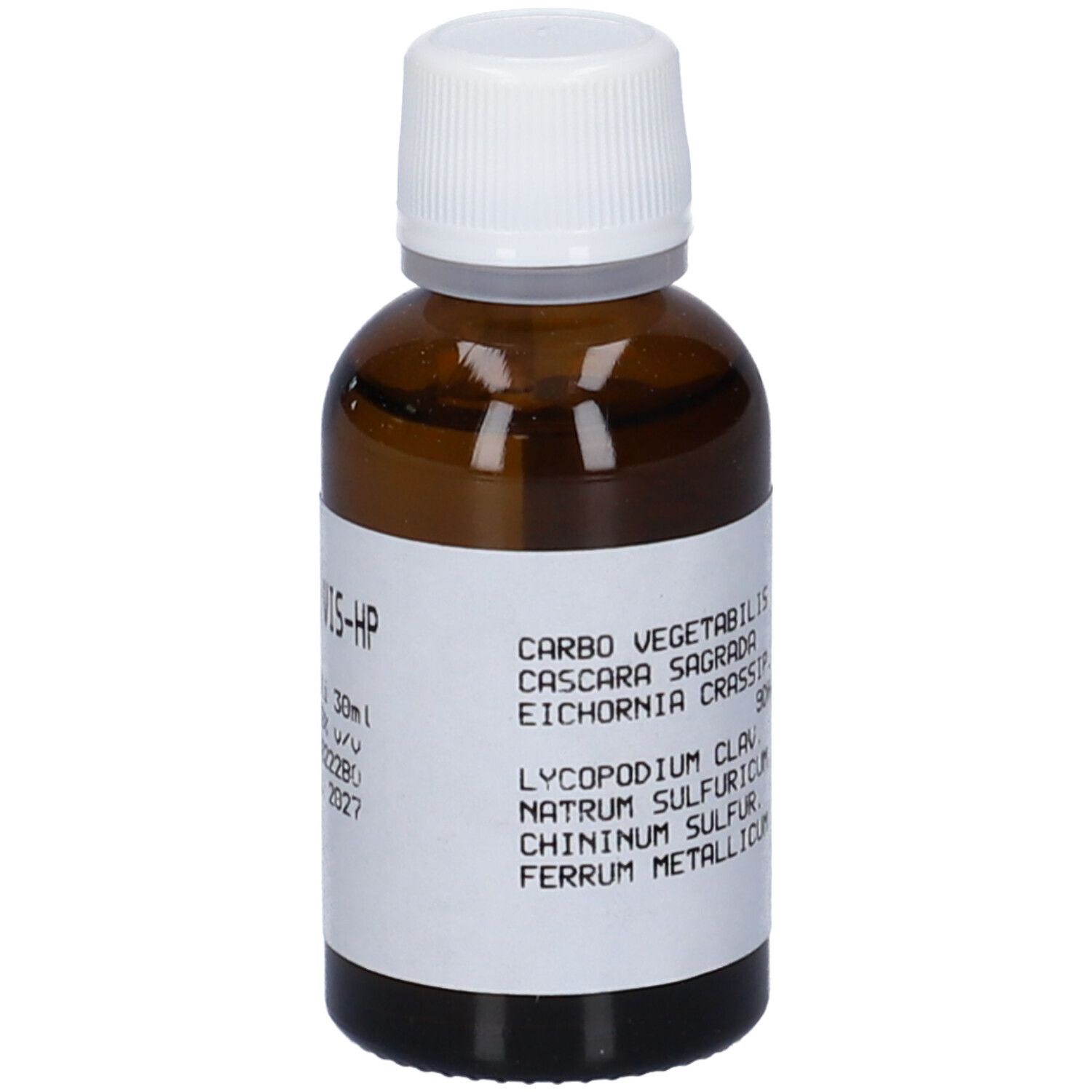 Flacone di vetro marrone con tappo bianco. Etichetta con testo: Carbo vegetabilis, Cascara sagrada, Eichornia crassip., Lycopodium clav., Natrum sulfuricum, Chininum sulfur., Ferrum metallicum.