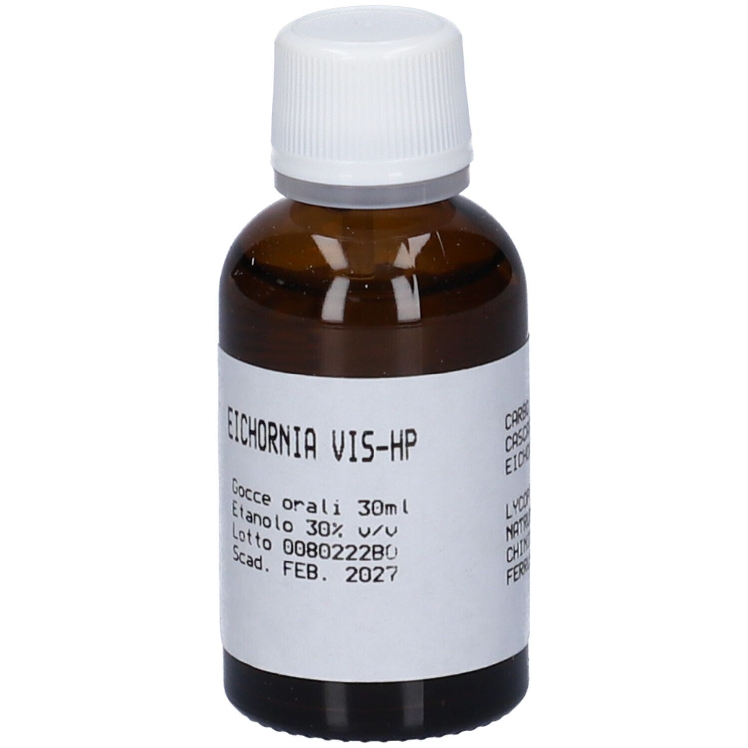 Flacone di vetro marrone con tappo bianco. Etichetta con testo: Eichornia Vis-Hp, Gocce orali, 30ml, Etanolo 30% v/v, Lotto 008022280, Scad. FEB. 2027.