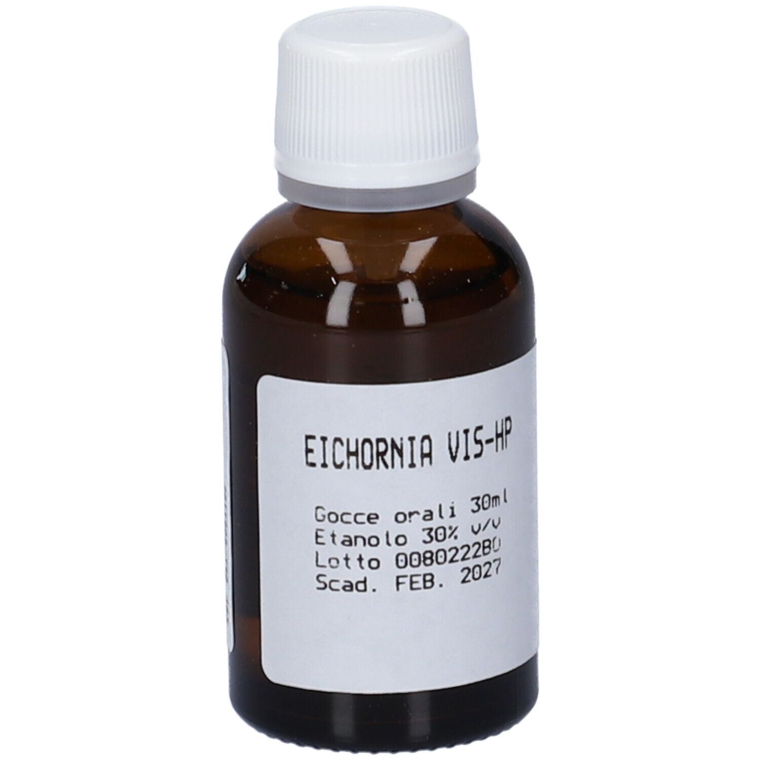 Flacone di vetro marrone con tappo bianco. Etichetta con testo: Eichornia Vis-Hp, Gocce orali, 30ml, Etanolo 30% v/v, Lotto 008022280, Scad. FEB. 2027.
