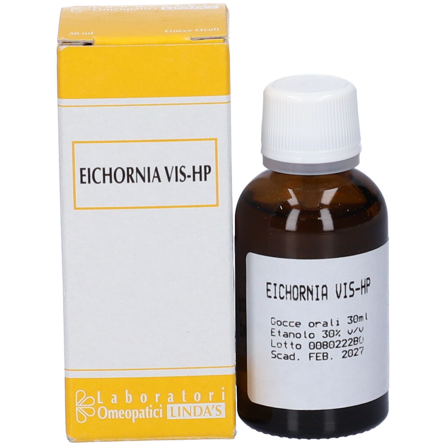 Flacone di vetro marrone con tappo bianco e confezione gialla. Sulla confezione: Eichornia Vis-Hp.