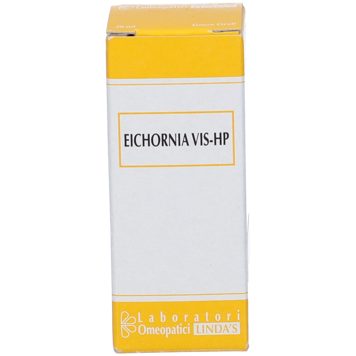 Confezione gialla con testo: Eichornia Vis-Hp, Laboratori Omeopatici Linda's.