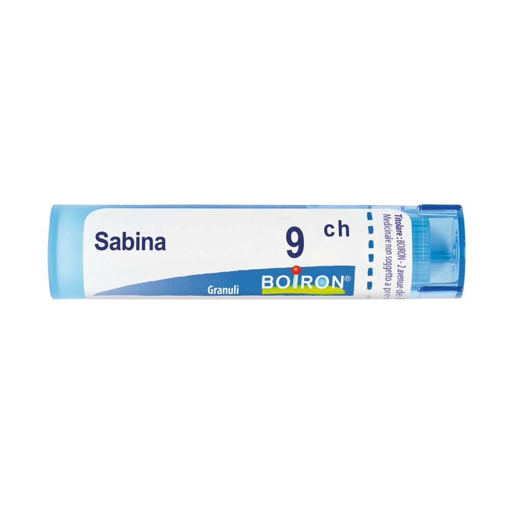 Tubo blu con etichetta bianca. Scritta: Sabina 9 ch Granuli, BOIRON.