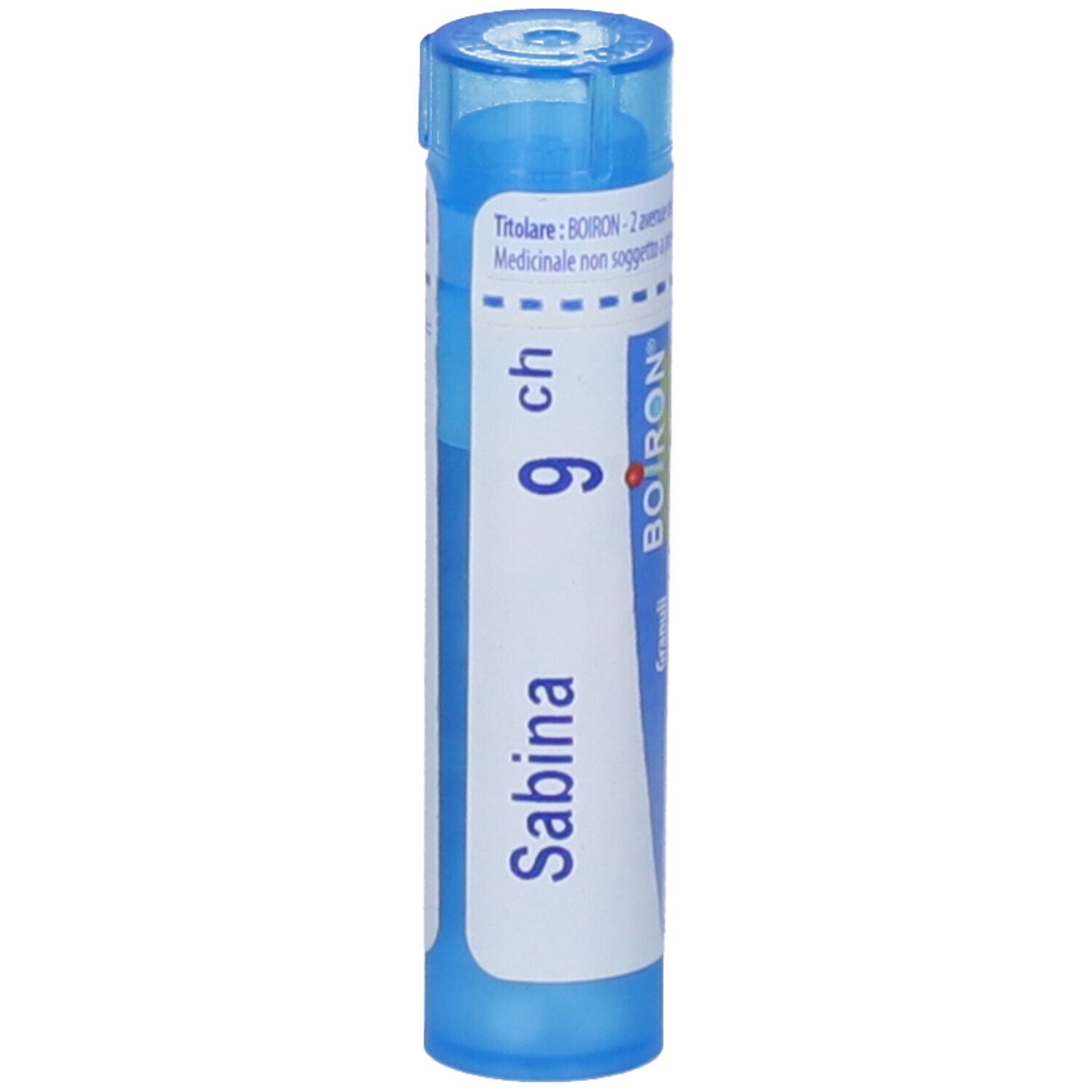 Tubo blu con etichetta bianca. Scritta: Sabina 9 ch, BOIRON Granuli.