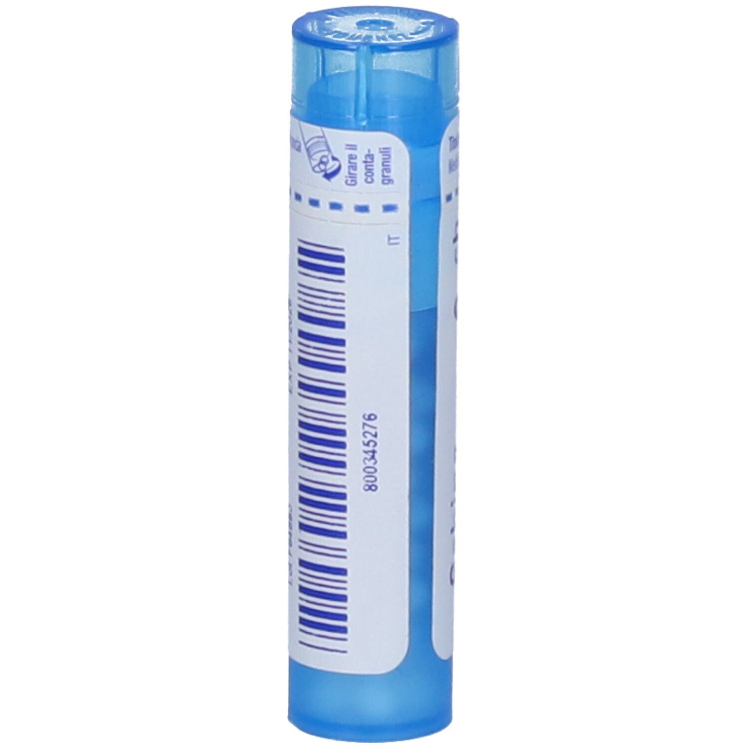 Tubo blu con codice a barre e testo. Contiene granuli. Informazioni produttore.