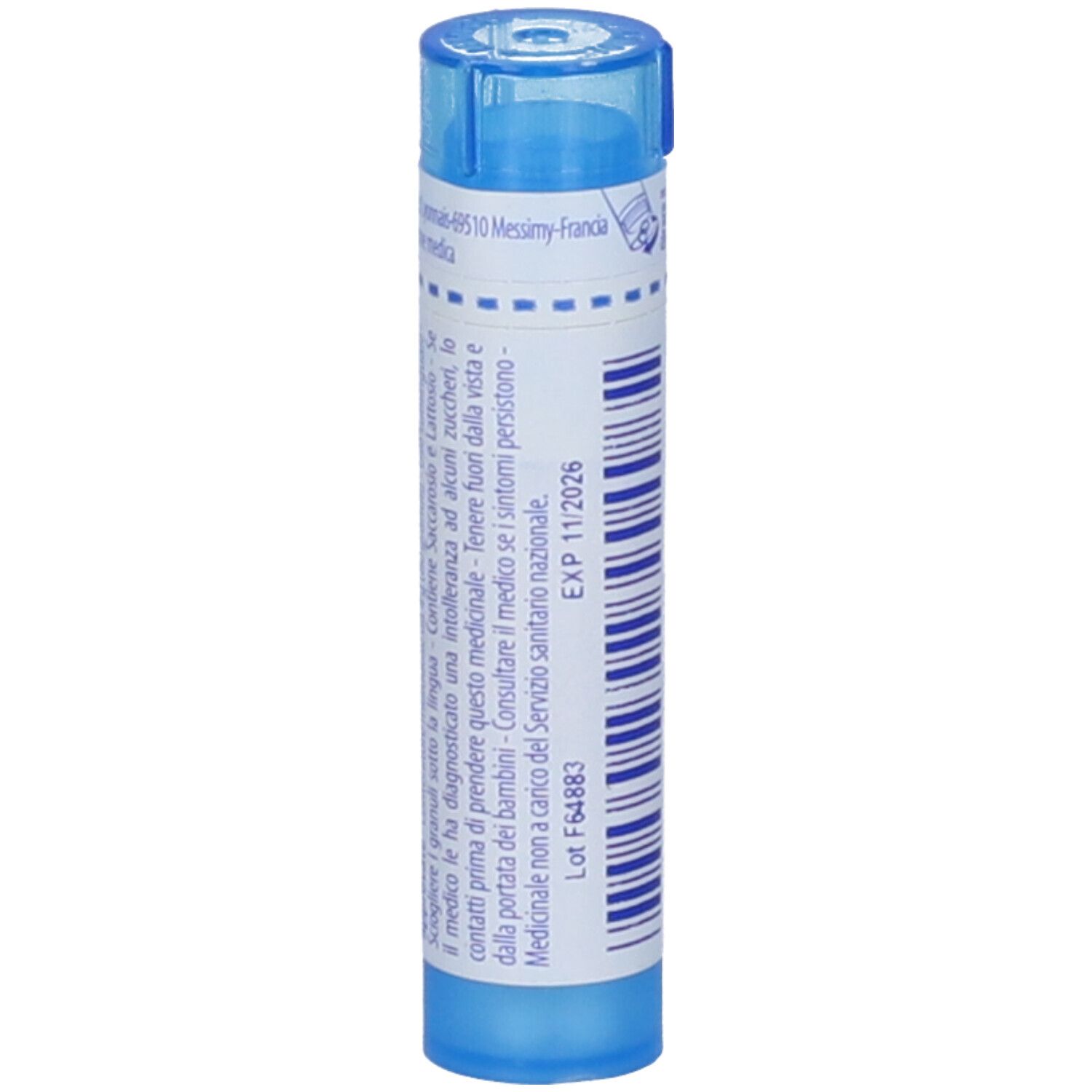 Tubo blu con testo. Contiene granuli. Scadenza: 11/2026. Numero di lotto.