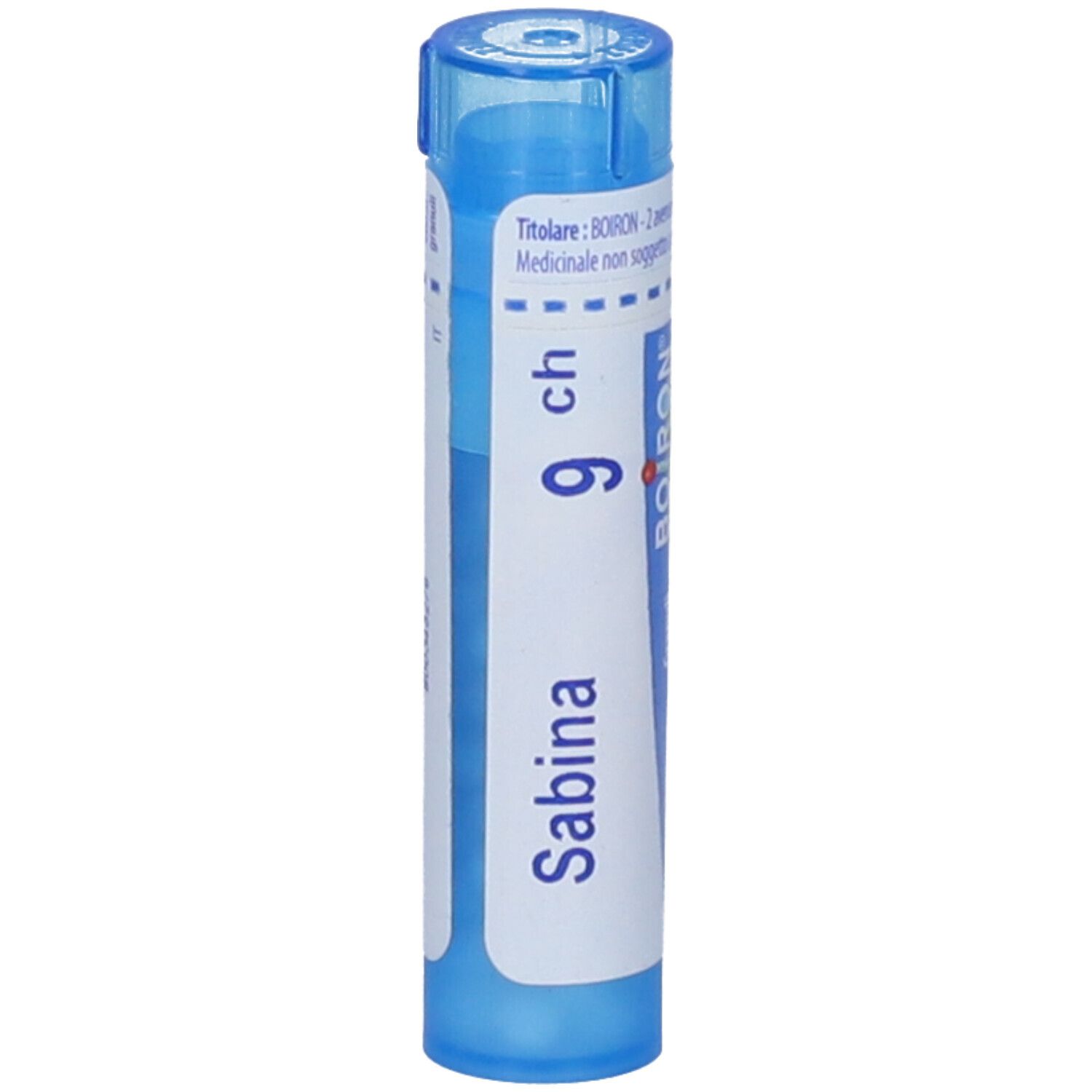 Tubo blu con etichetta bianca. Scritta: Sabina 9 ch, BOIRON Granuli.