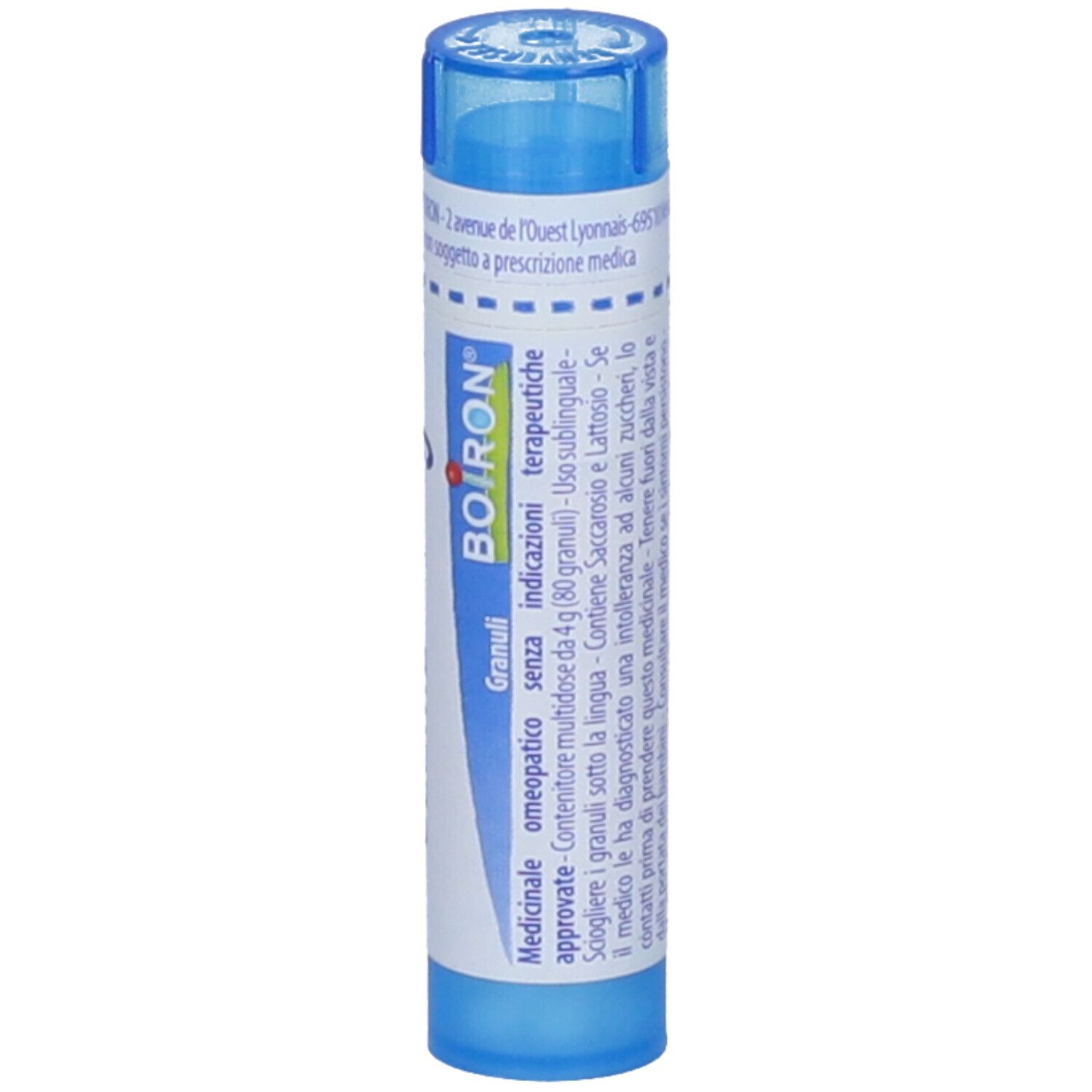 Tubo blu con etichetta bianca. Scritta: BOIRON, Granuli, indicazioni, ecc.