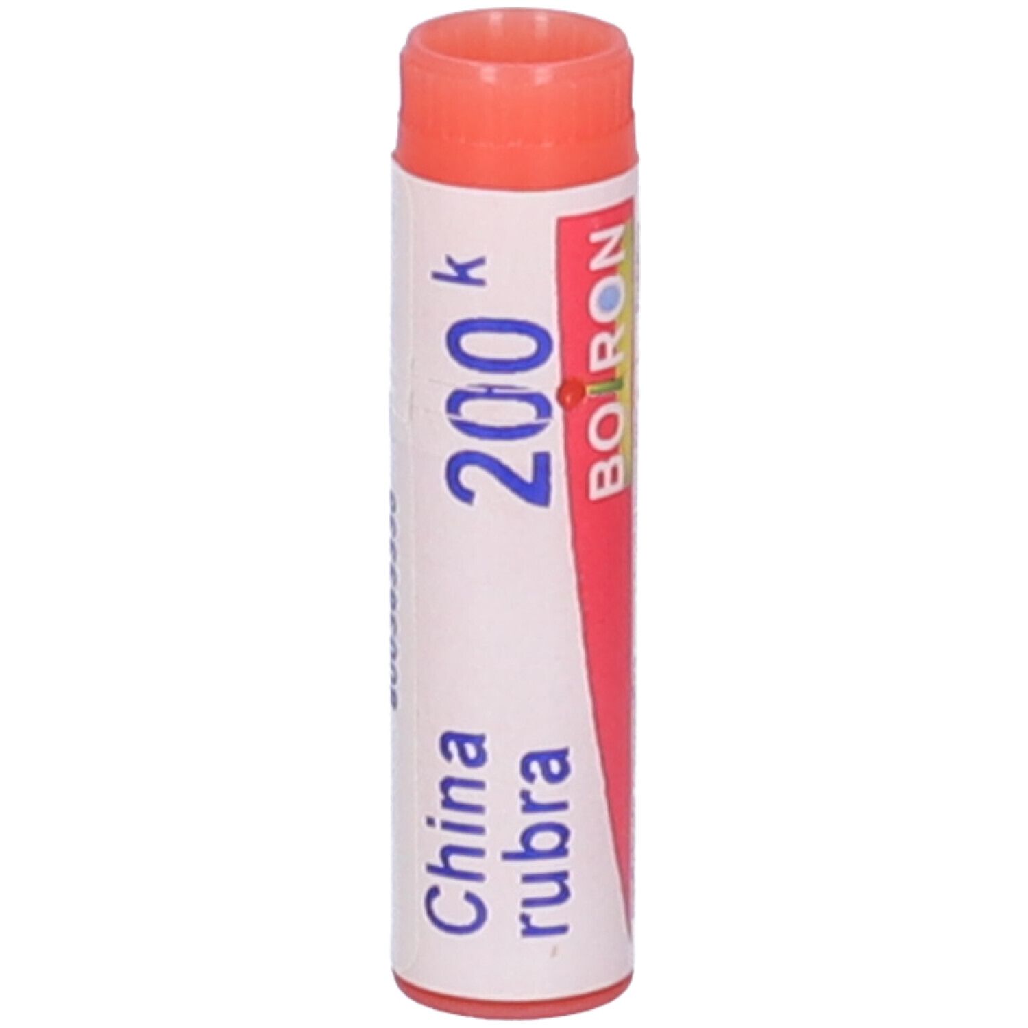 Confezione cilindrica, tappo rosso. Scritta: China rubra, 200 K, BOIRON.