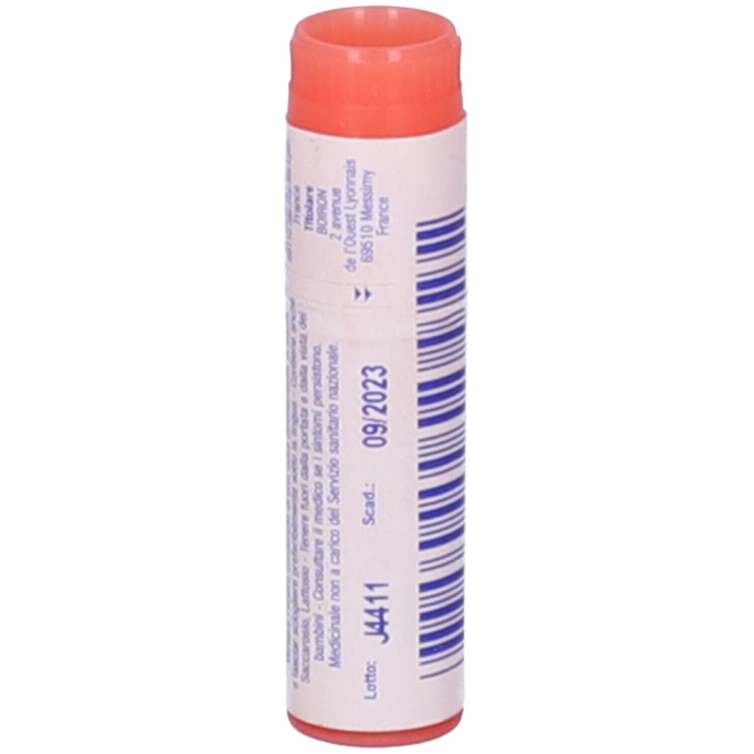 Confezione cilindrica, tappo rosso. Scritta: Scad: 09/2023, J4411.