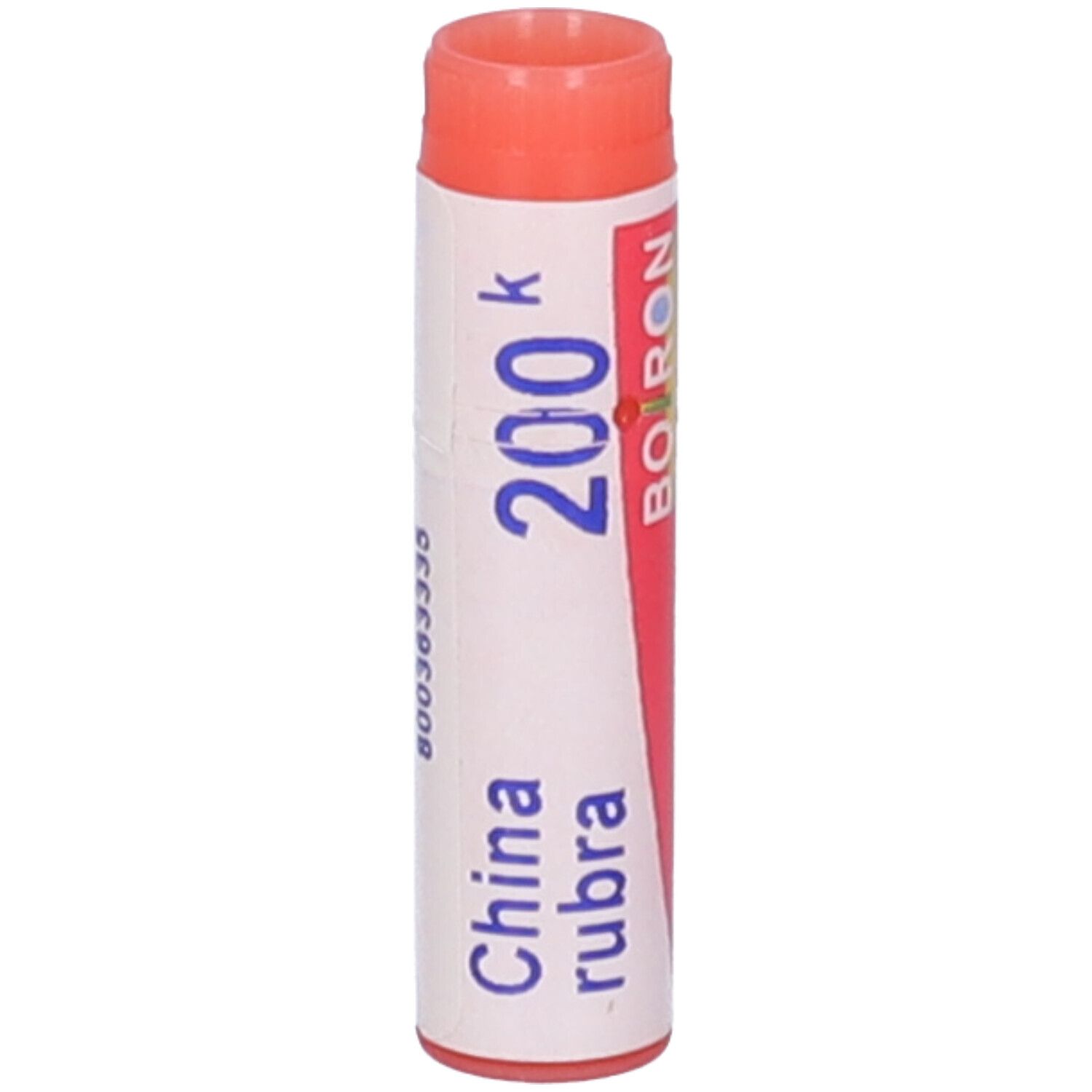 Confezione cilindrica, tappo rosso. Scritta: China rubra, 200 K, BOIRON.