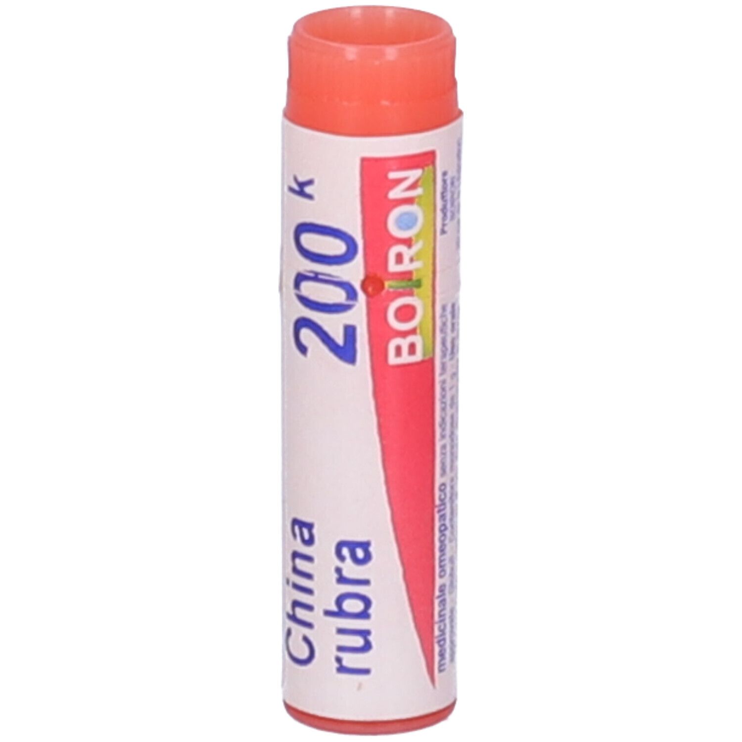 Confezione cilindrica, tappo rosso. Scritta: China rubra, 200 K, BOIRON.