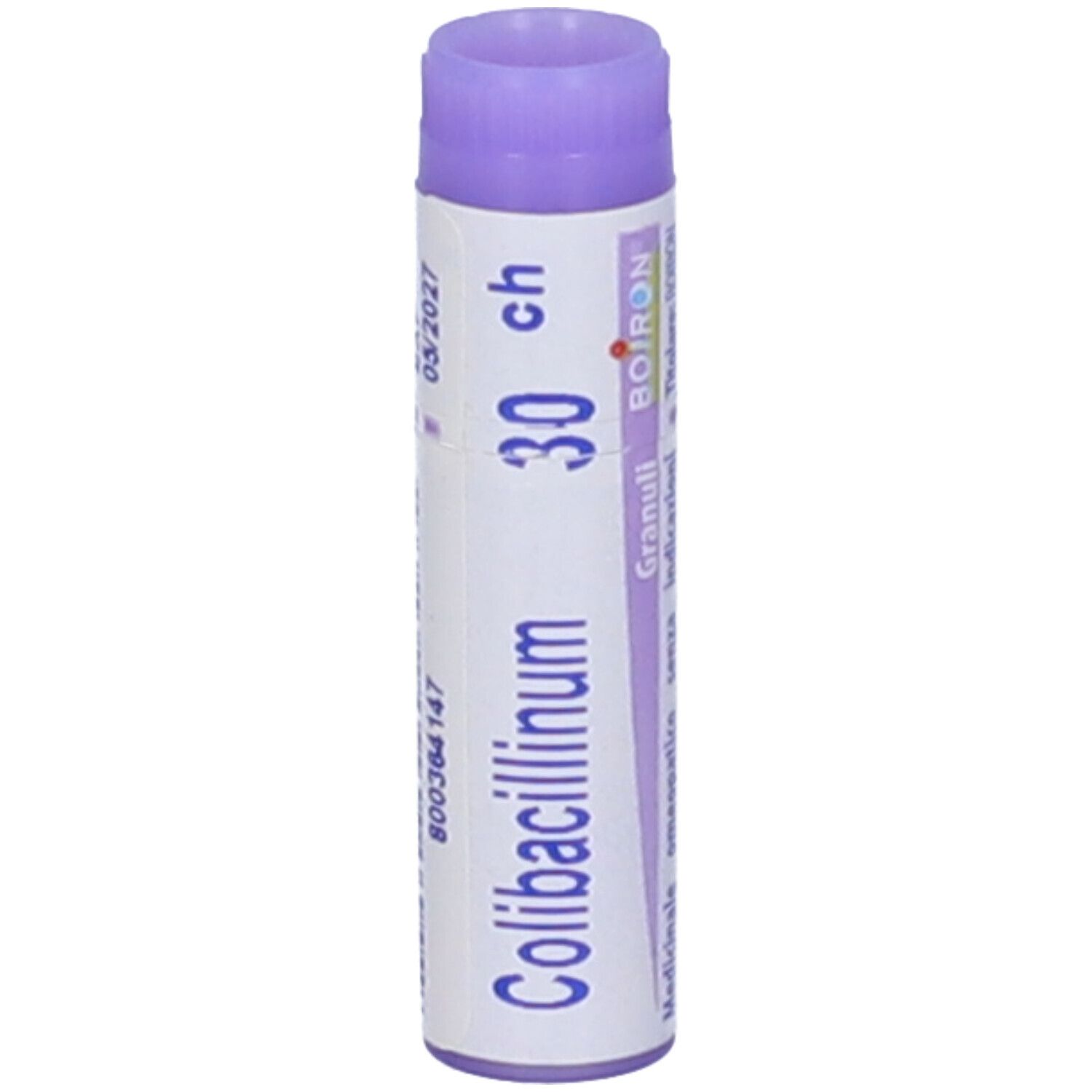 Confezione cilindrica BOIRON® Colibacillinum 30Ch Globuli. Tappo viola, testo bianco. Scadenza 05/2027.