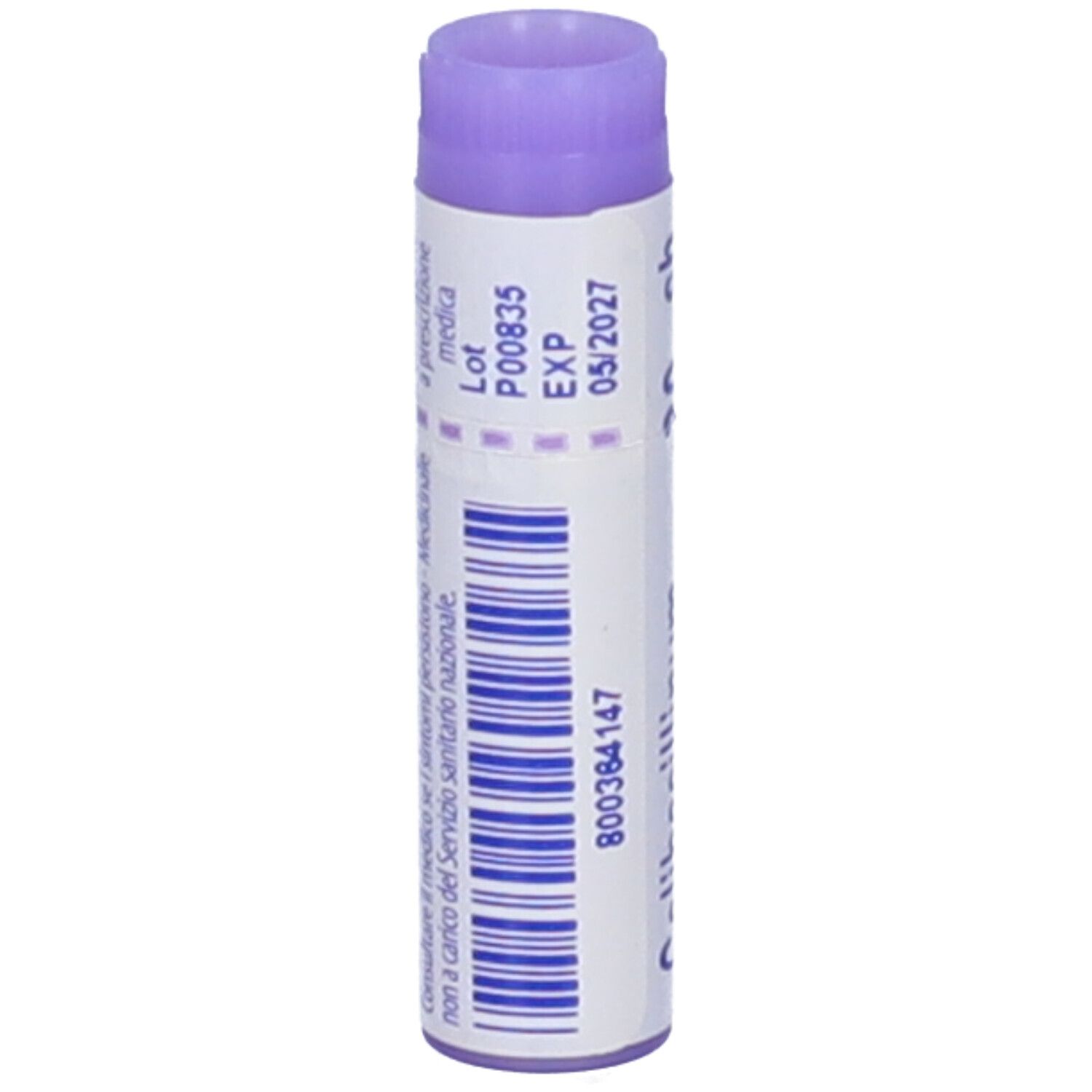 Confezione cilindrica BOIRON® Colibacillinum 30Ch Globuli. Tappo viola, testo bianco. Codice a barre e numero di lotto.