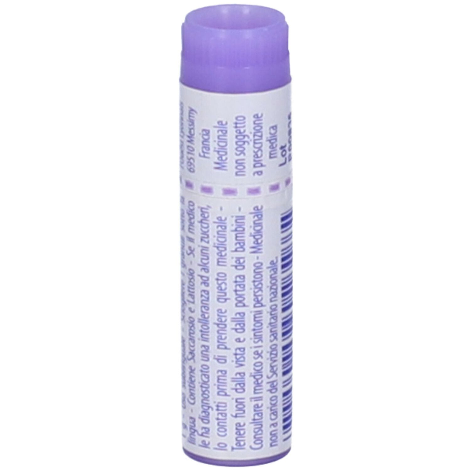 Confezione cilindrica BOIRON® Colibacillinum 30Ch Globuli. Tappo viola, testo bianco. Informazioni mediche.
