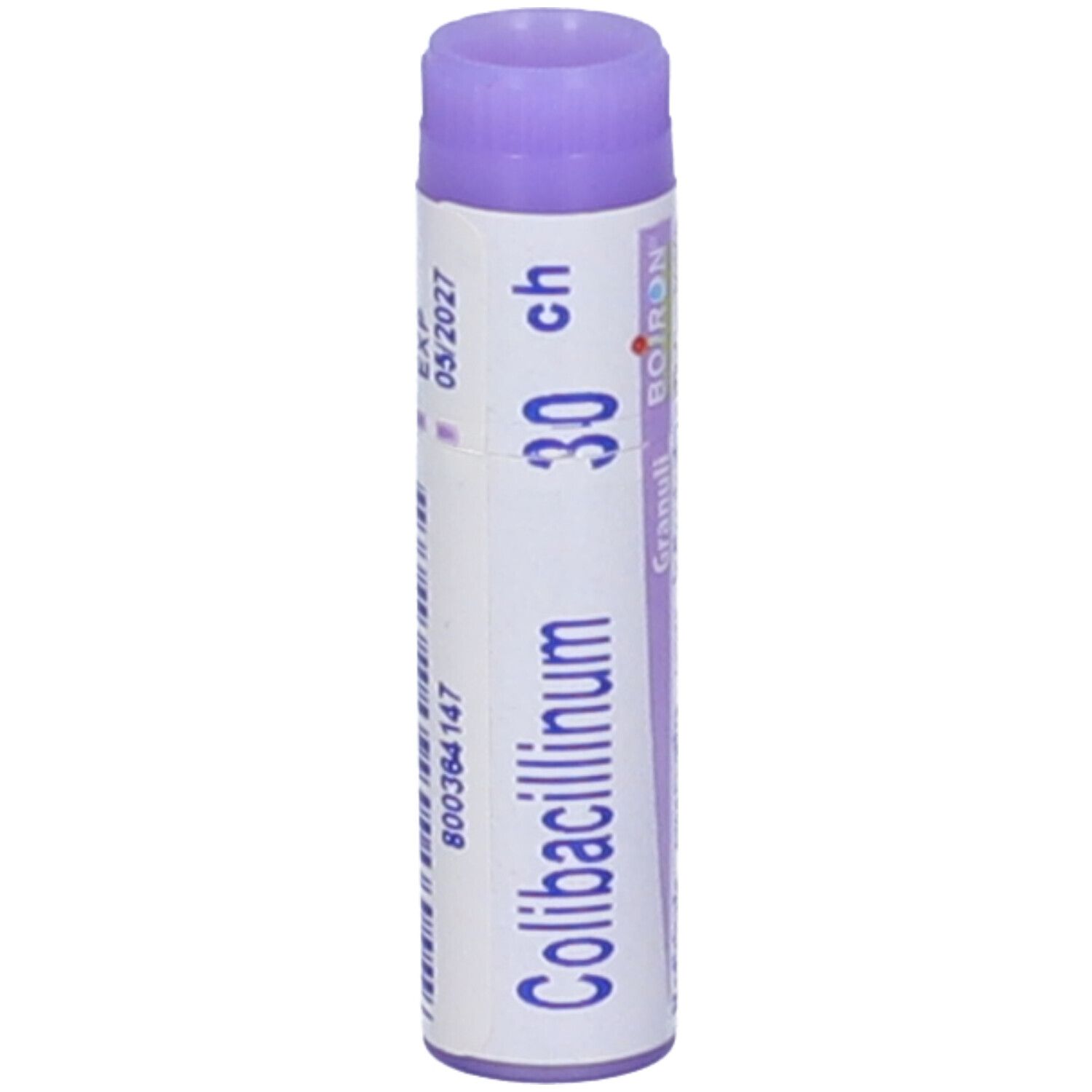 Confezione cilindrica BOIRON® Colibacillinum 30Ch Globuli. Tappo viola, testo bianco. Scadenza 05/2027.