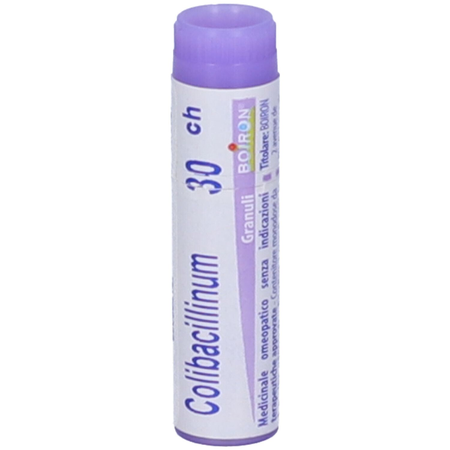 Confezione cilindrica BOIRON® Colibacillinum 30Ch Globuli. Tappo viola, testo bianco. Informazioni mediche.