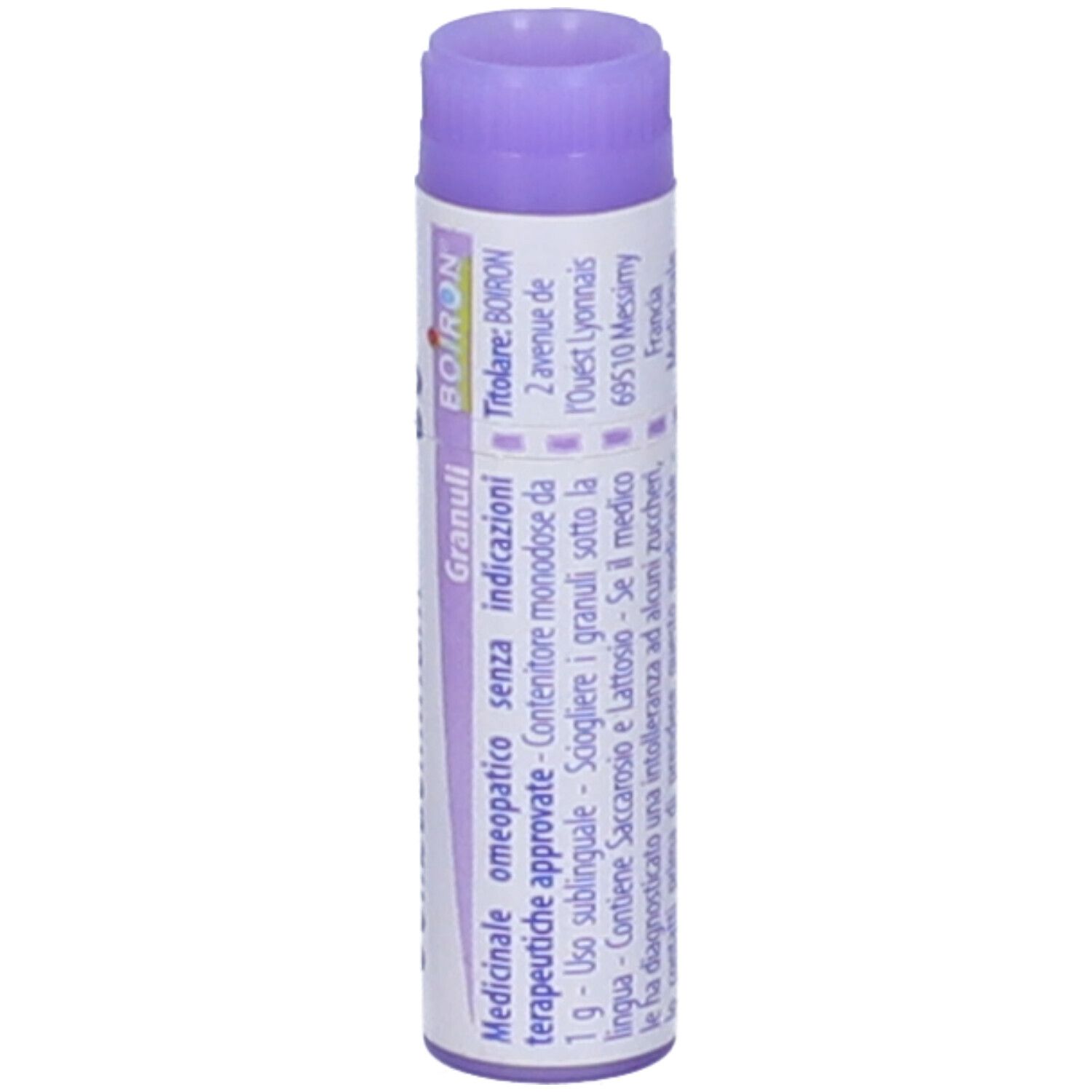 Confezione cilindrica BOIRON® Colibacillinum 30Ch Globuli. Tappo viola, testo bianco. Informazioni mediche.