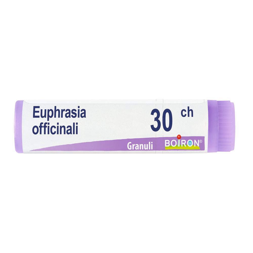 Confezione cilindrica con 'Euphrasia officinalis 30 ch Granuli Boiron'. Viola e bianco.