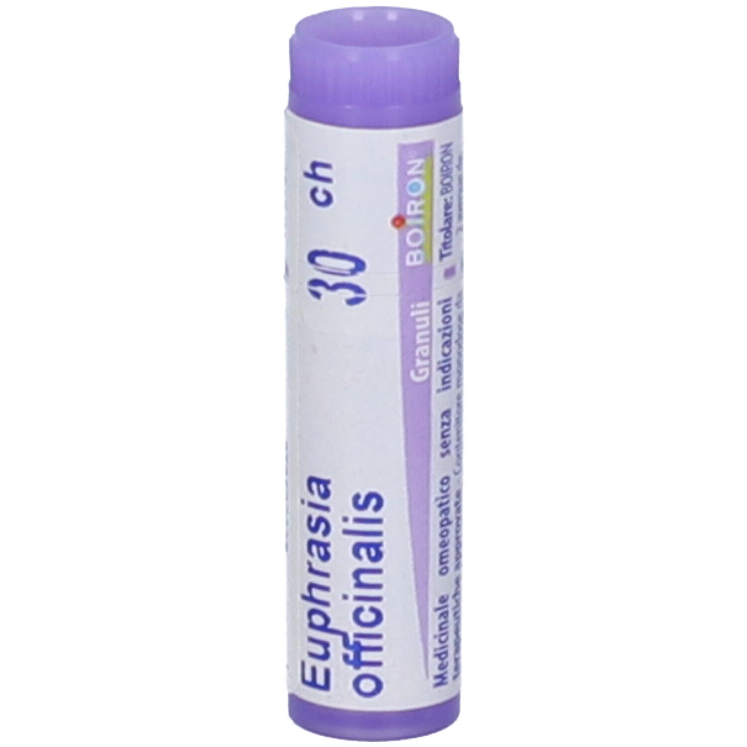 Confezione cilindrica con 'Euphrasia officinalis 30 ch'. Tappo viola, etichetta bianca con testo.