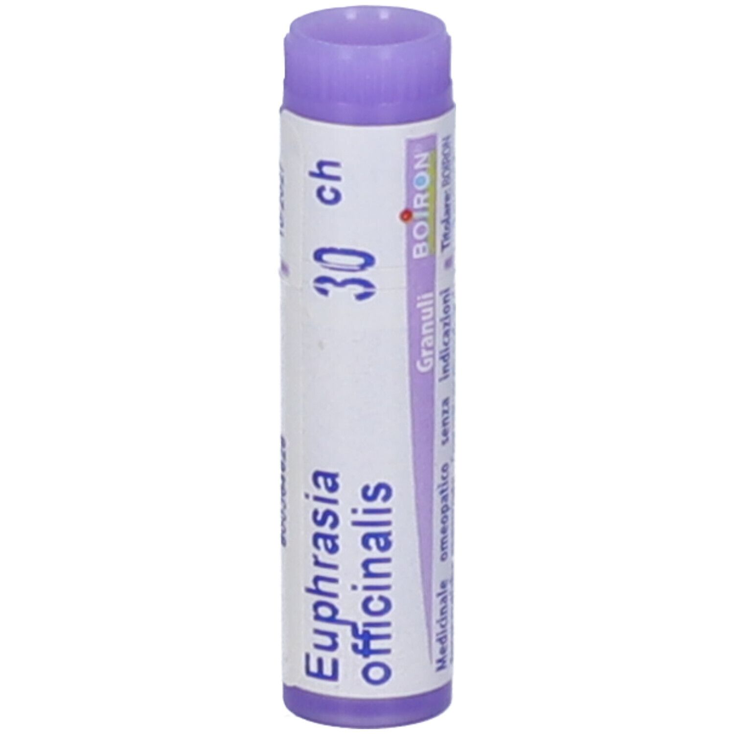 Confezione cilindrica con 'Euphrasia officinalis 30 ch'. Tappo viola, etichetta bianca.