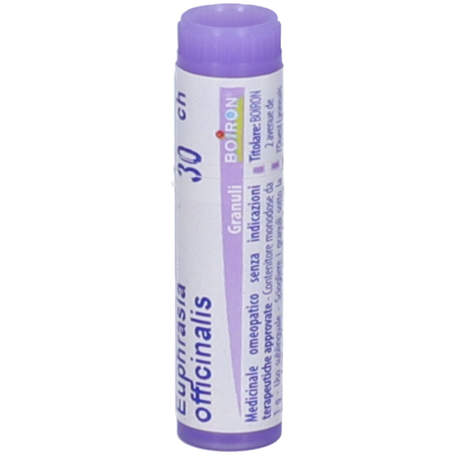 Confezione cilindrica con 'Euphrasia officinalis 30 ch'. Marchio Boiron, etichetta bianca.
