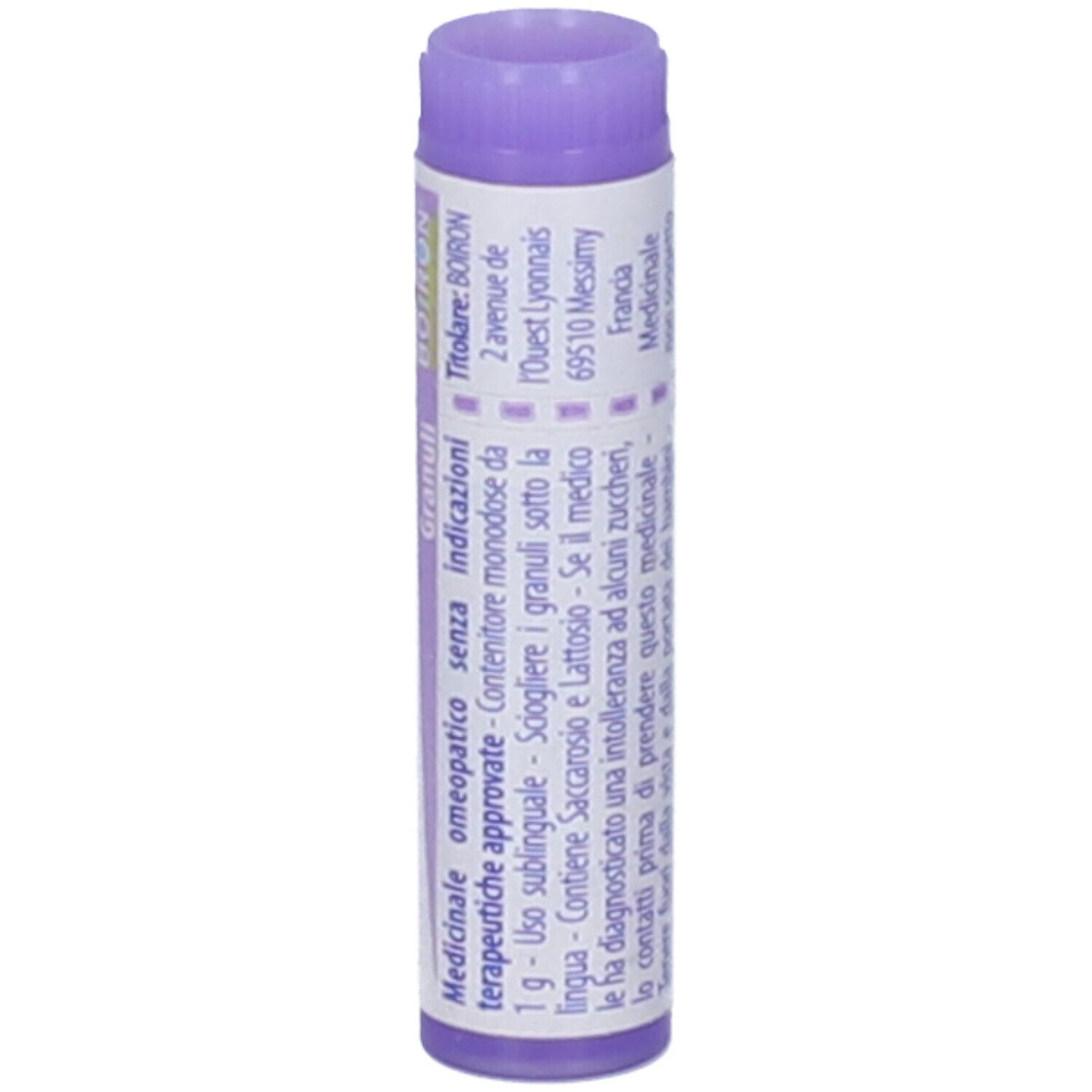 Confezione cilindrica con 'Euphrasia officinalis 30 ch'. Indirizzo del produttore, etichetta bianca.