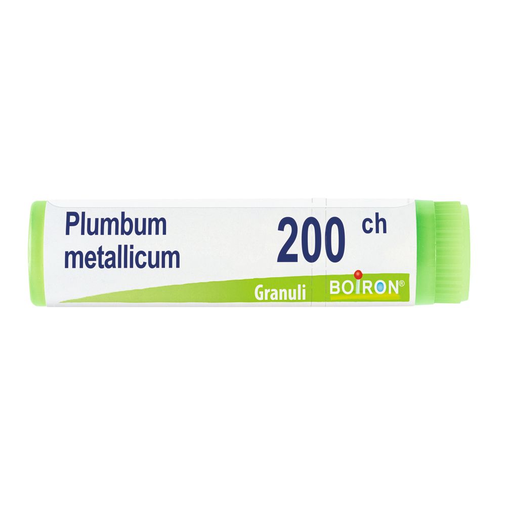 Confezione cilindrica con tappo verde. Scritta: Plumbum metallicum, 200 ch, Granuli, BOIRON.