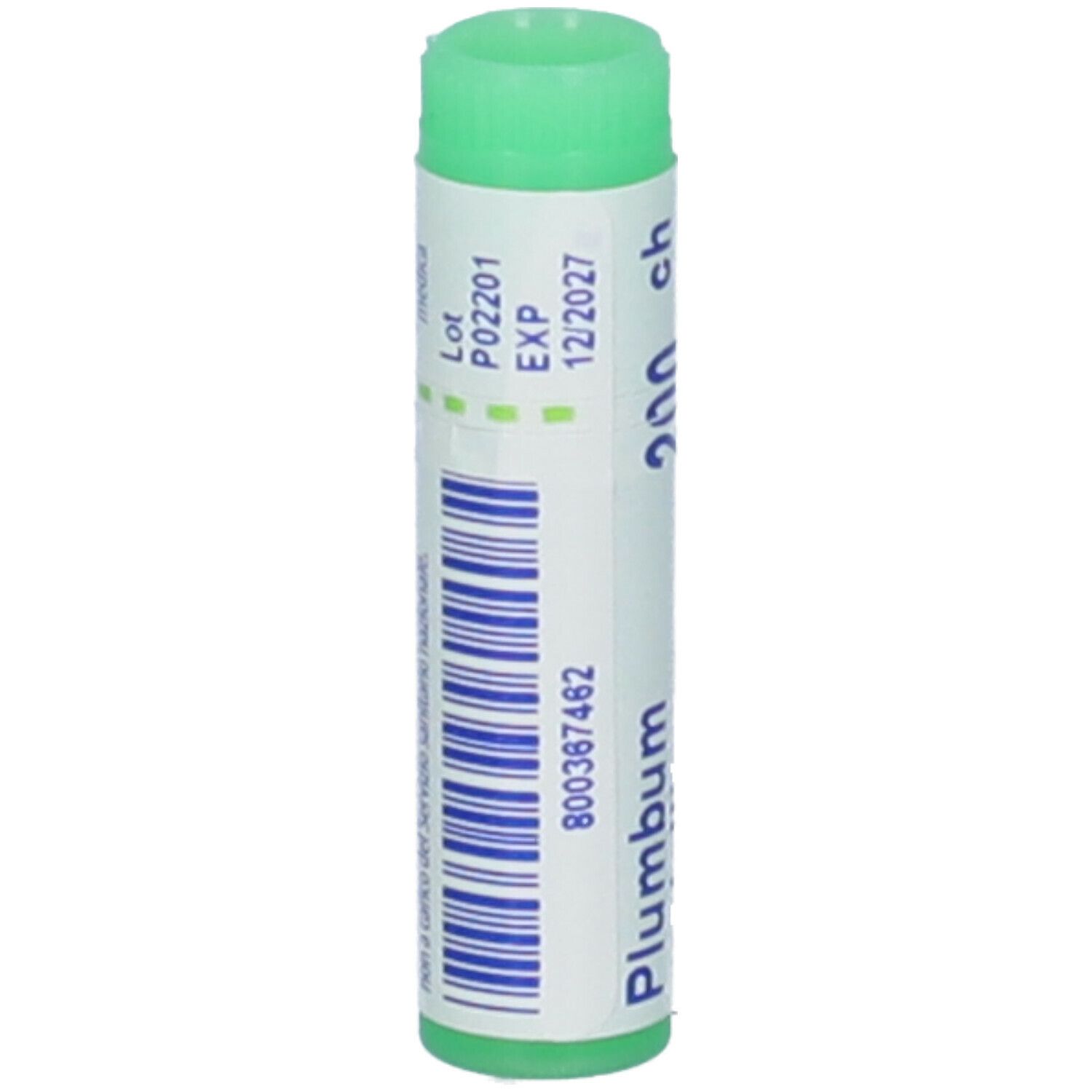Confezione cilindrica con tappo verde. Scritta: Plumbum, 200 ch, BOIRON. Codice a barre e numero di lotto.