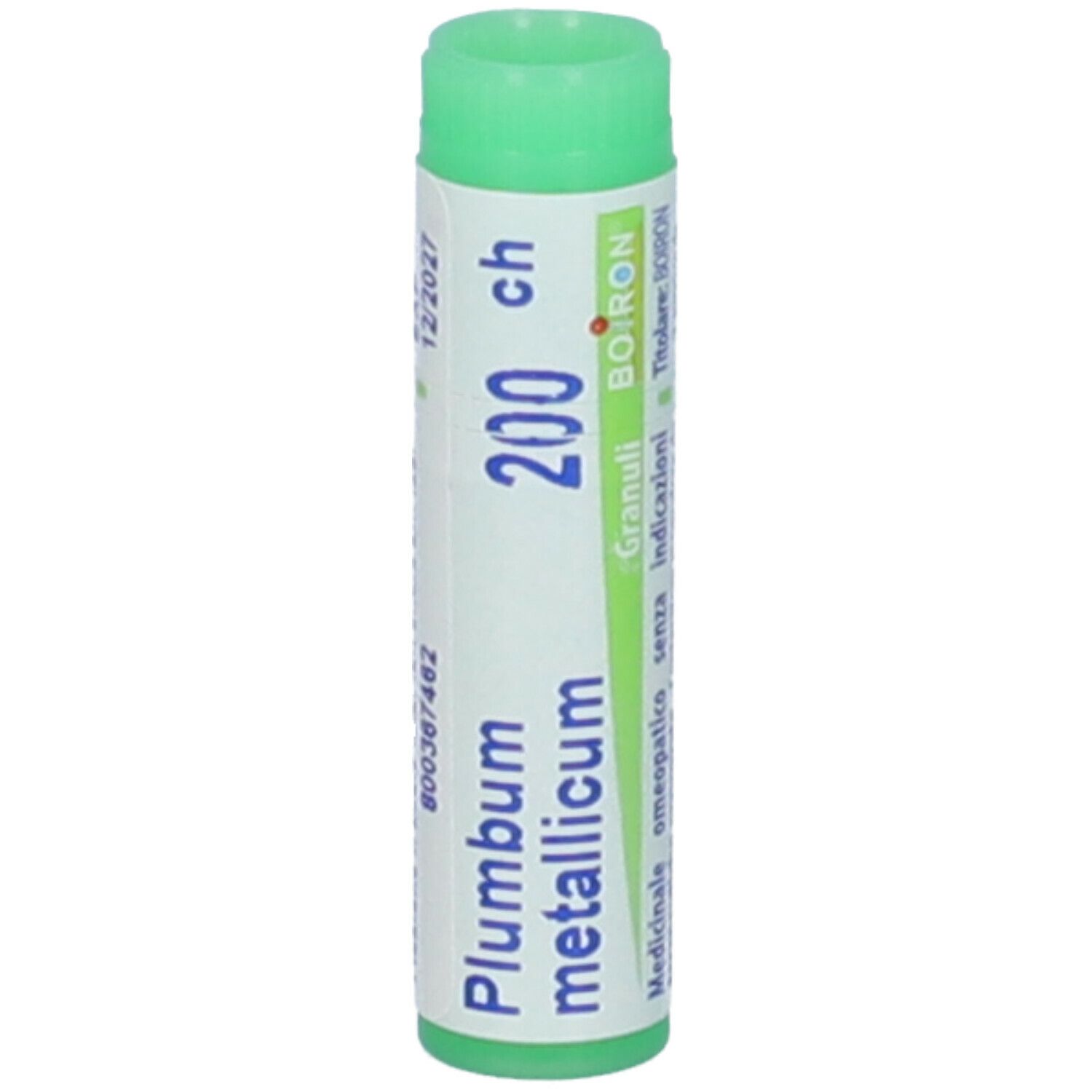Confezione cilindrica con tappo verde. Scritta: Plumbum metallicum, 200 ch, BOIRON, Granuli.