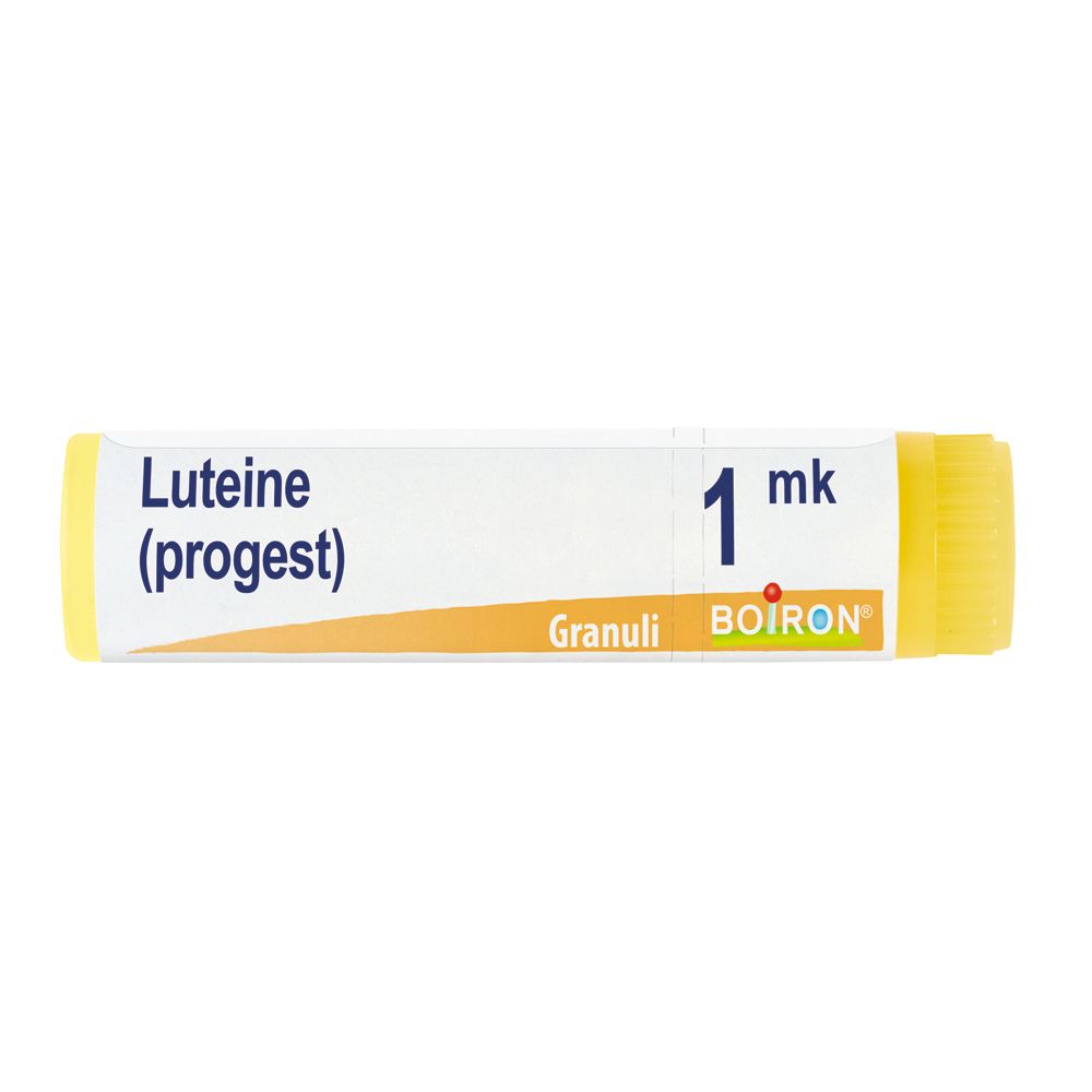Confezione cilindrica con tappi gialli. Scritta: Luteine (progest) 1 mk, Granuli, Boiron.