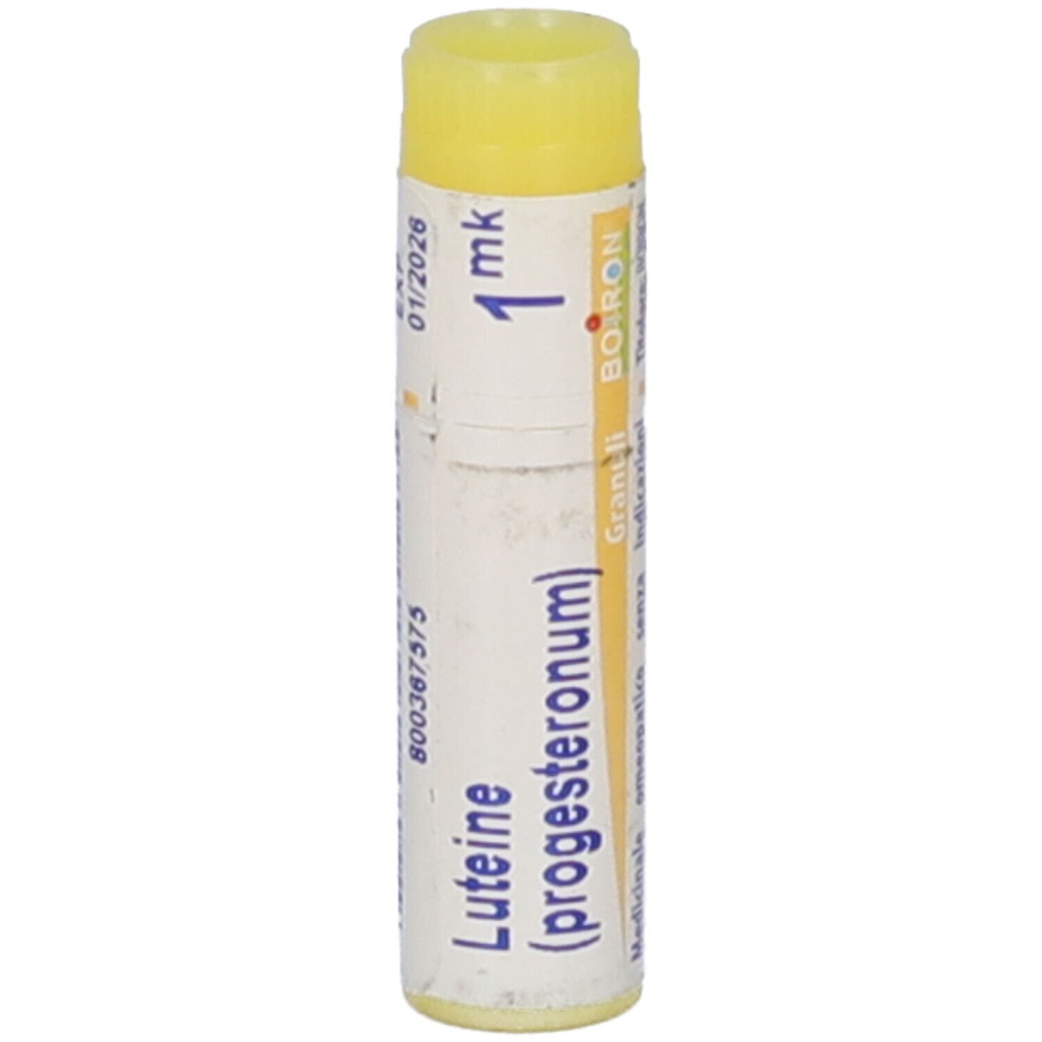 Confezione cilindrica con tappo giallo. Scritta: Luteine (progesteronum) 1 mk, Boiron. Scadenza 01/2026.