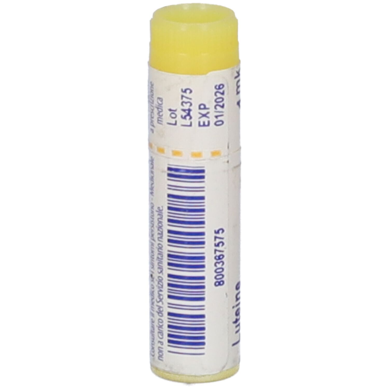 Confezione cilindrica con tappo giallo. Scritta: Luteine (progesteronum) 1 mk, Boiron. Scadenza 01/2026.