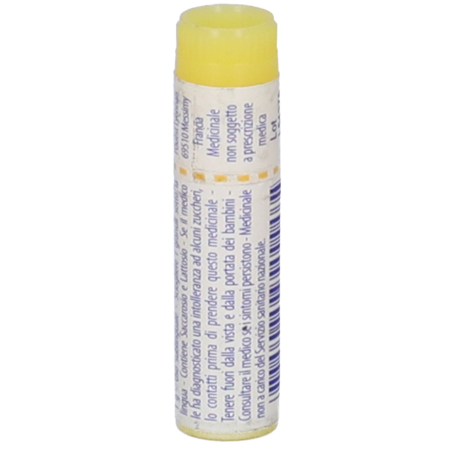 Confezione cilindrica con tappo giallo. Scritta: Luteine (progesteronum) 1 mk, Boiron. Testo in italiano.