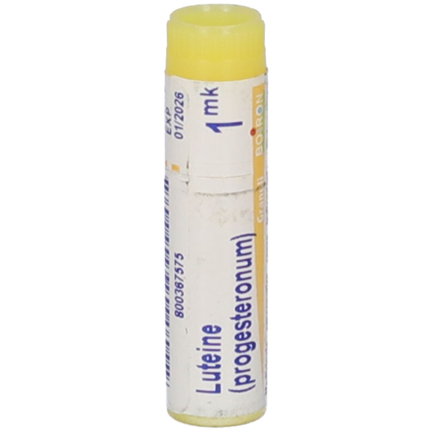 Confezione cilindrica con tappo giallo. Scritta: Luteine (progesteronum) 1 mk, Boiron. Scadenza 01/2026.