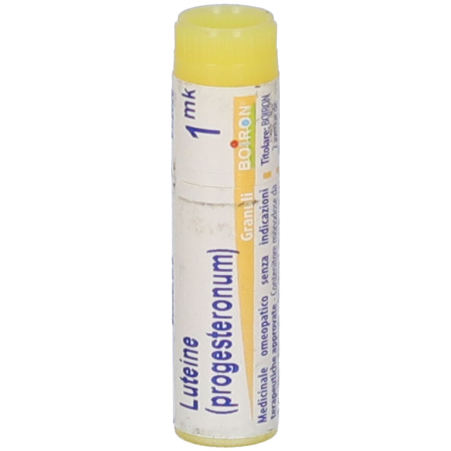 Confezione cilindrica con tappo giallo. Scritta: Luteine (progesteronum) 1 mk, Boiron. Testo in italiano.