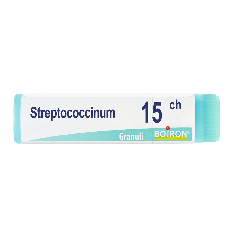 Confezione cilindrica con tappo blu. Scritta: Streptococcinum 15 ch, Granuli, BOIRON. Sfondo bianco.