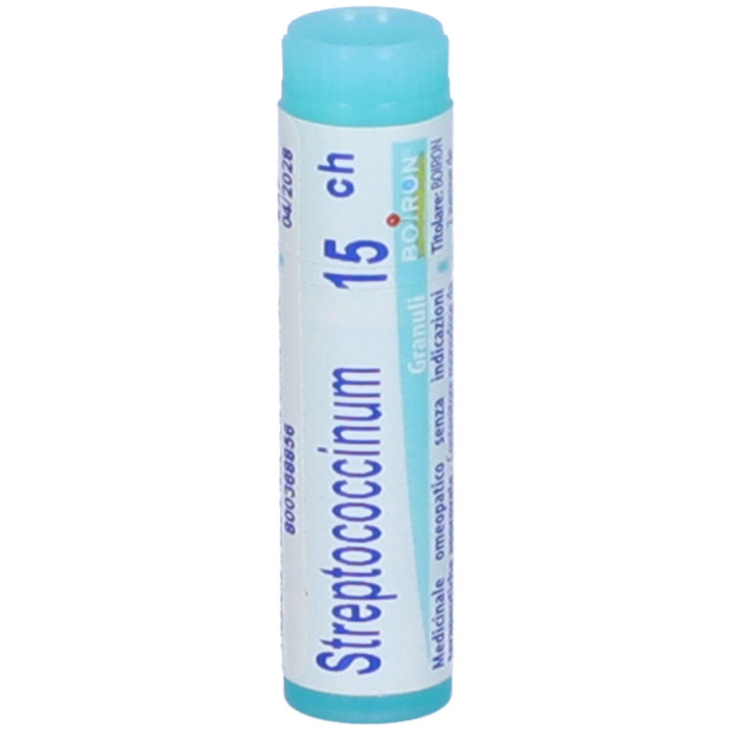 Confezione cilindrica con tappo blu. Scritta: Streptococcinum 15 ch, BOIRON. Data di scadenza stampata.