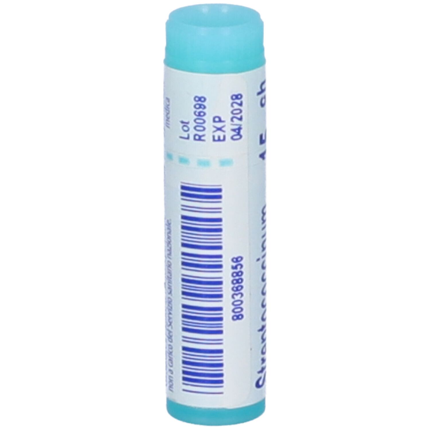 Confezione cilindrica con tappo blu. Scritta: Streptococcinum 15 ch. Informazioni stampate e codice a barre.