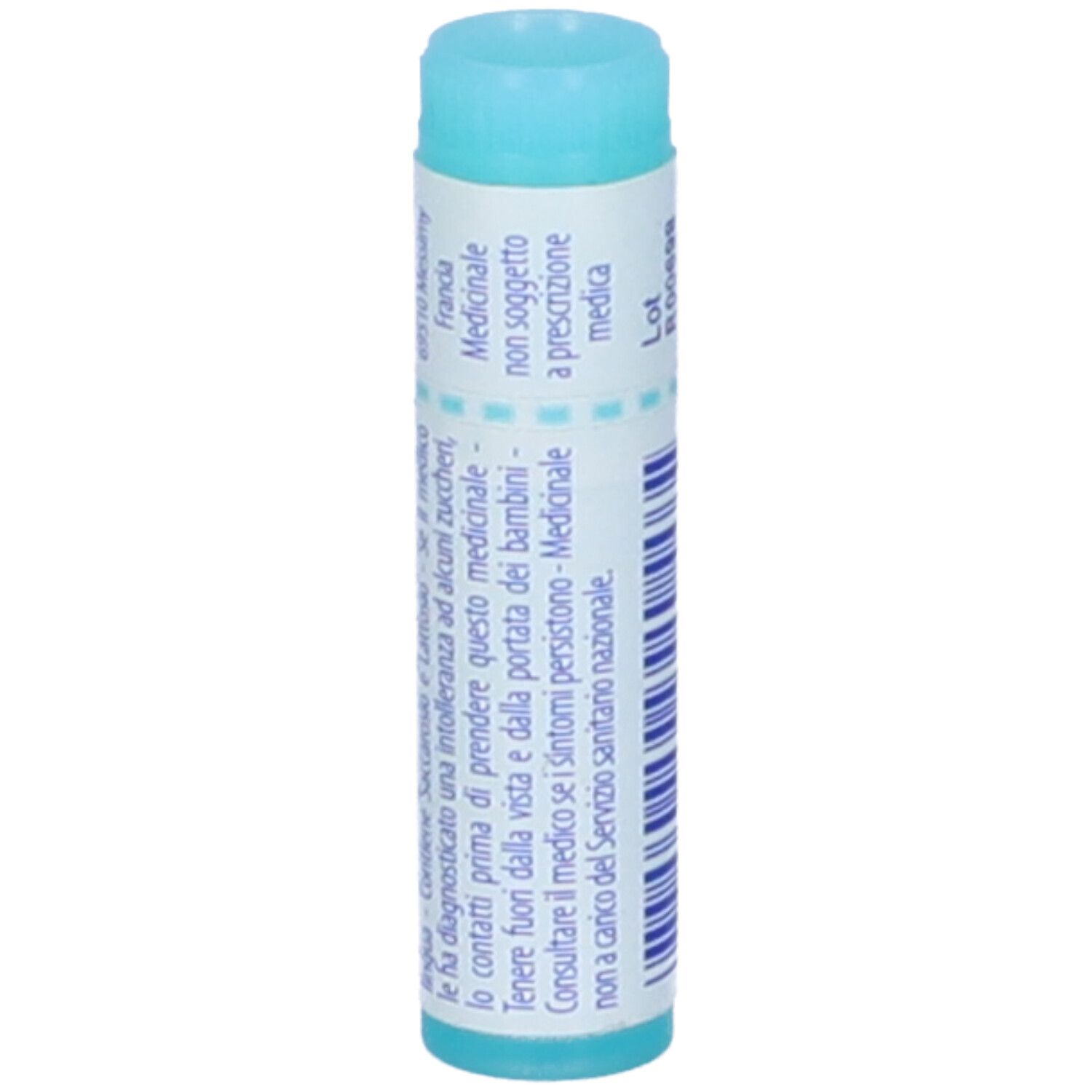 Confezione cilindrica con tappo blu. Scritta: Streptococcinum 15 ch. Informazioni stampate.