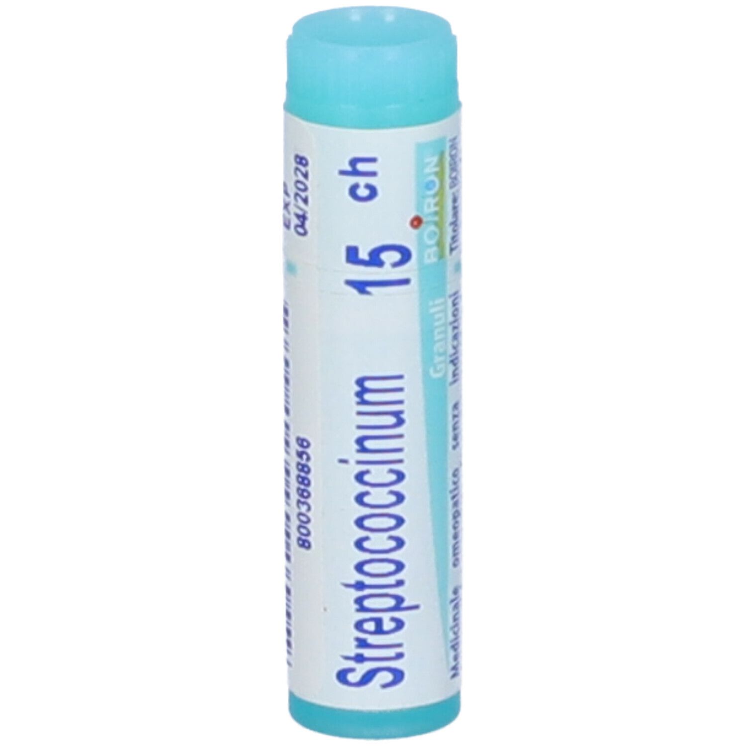 Confezione cilindrica con tappo blu. Scritta: Streptococcinum 15 ch, BOIRON. Informazioni mediche.