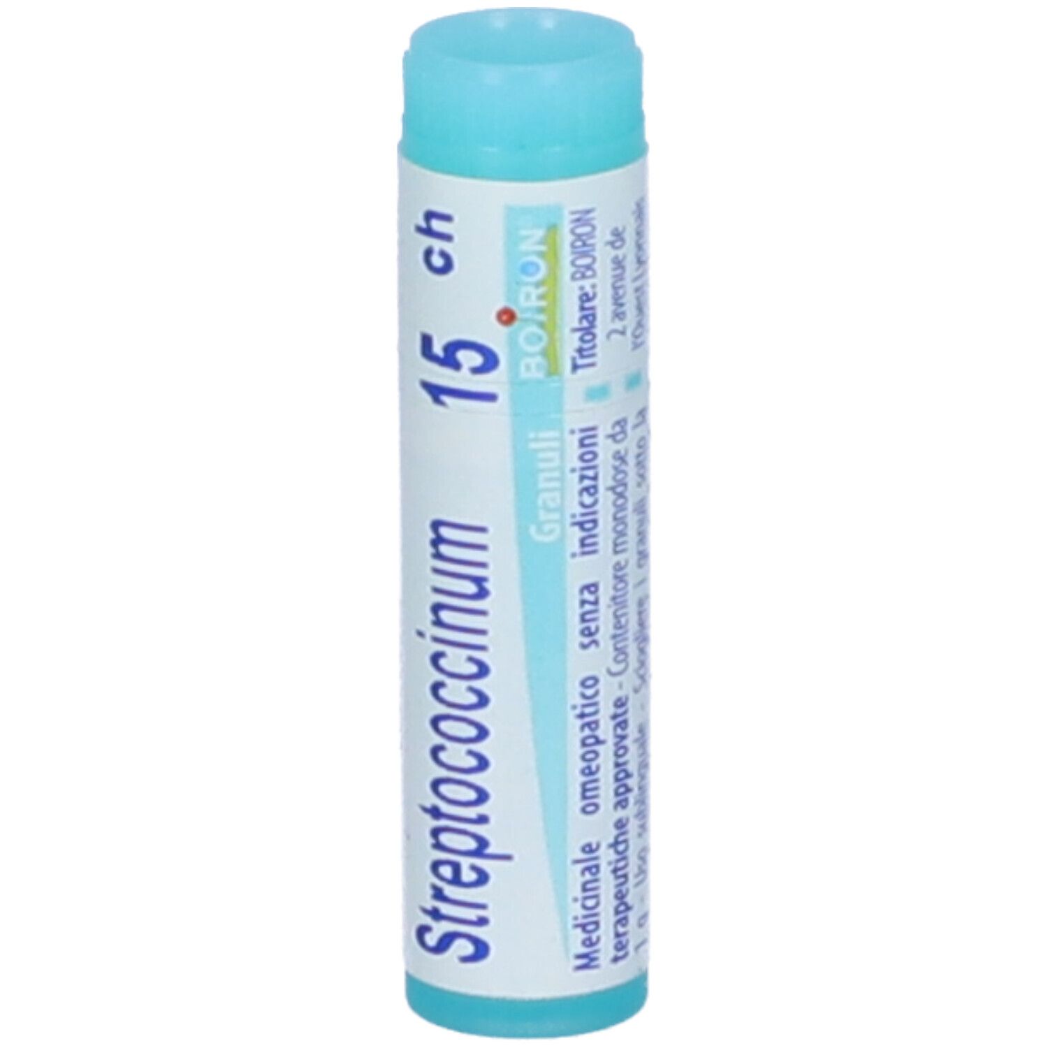 Confezione cilindrica con tappo blu. Scritta: Streptococcinum 15 ch, BOIRON. Informazioni mediche.
