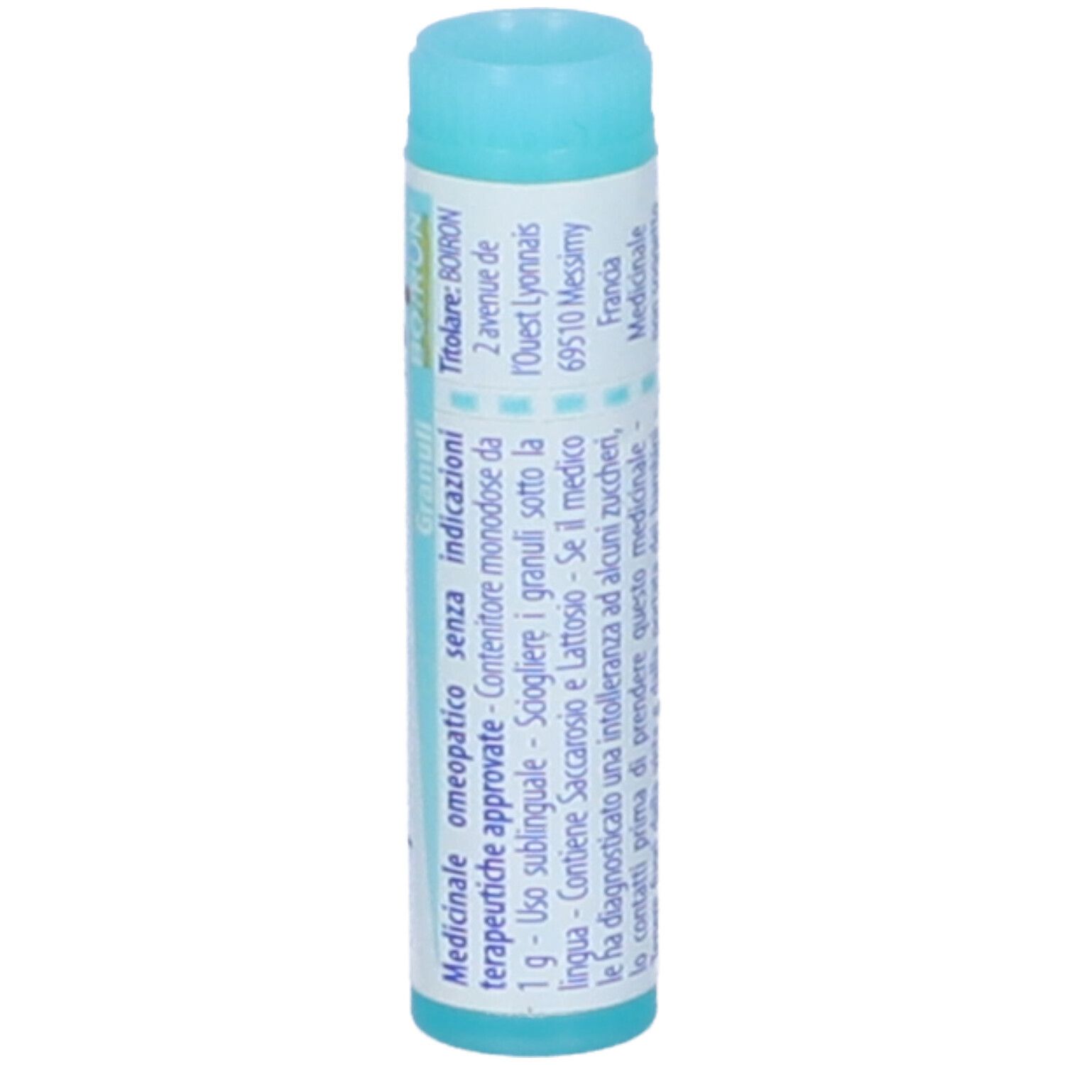 Confezione cilindrica con tappo blu. Scritta: Streptococcinum 15 ch, BOIRON. Informazioni mediche.