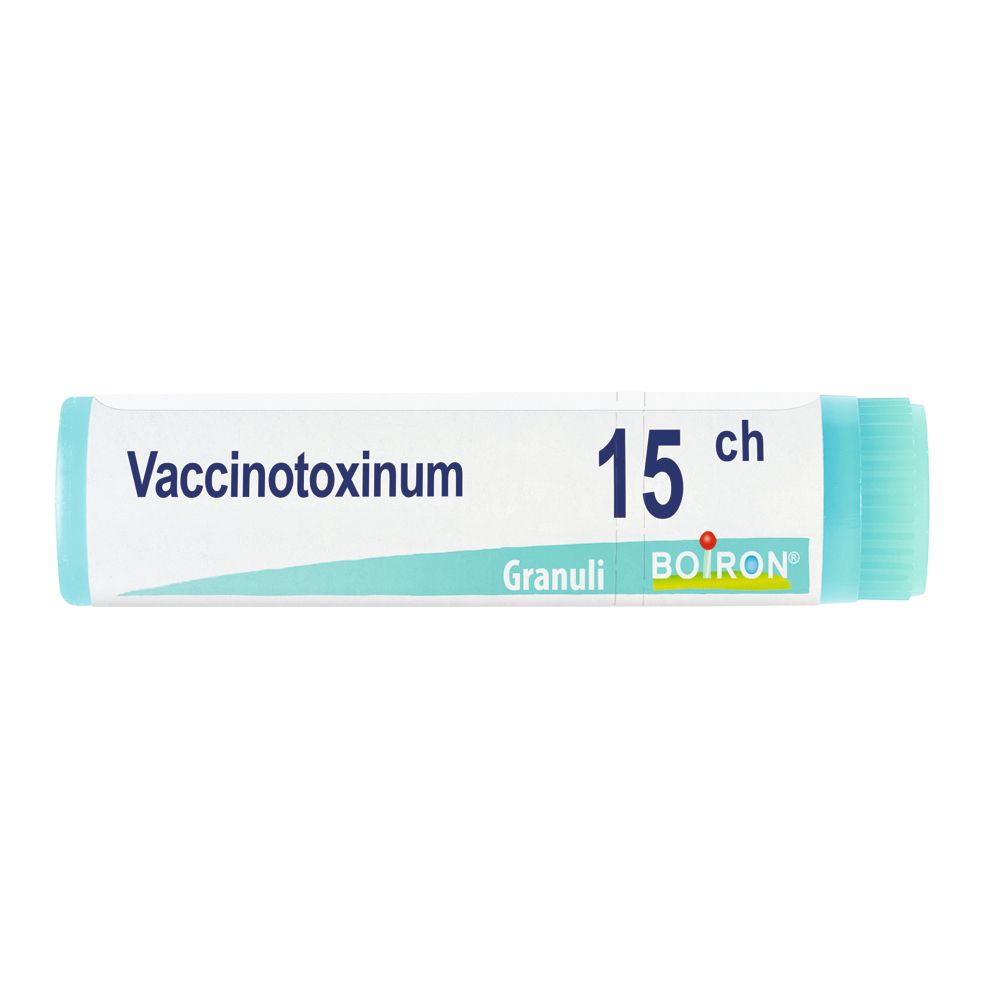 Tubo cilindrico con tappo azzurro. Scritta: Vaccinotoxinum 15 CH, Granuli, BOIRON.