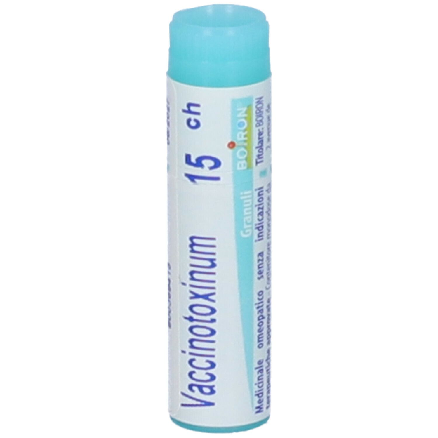 Tubo cilindrico, blu e bianco. Scritta: Vaccinotoxinum 15 CH, Granuli. Logo BOIRON.