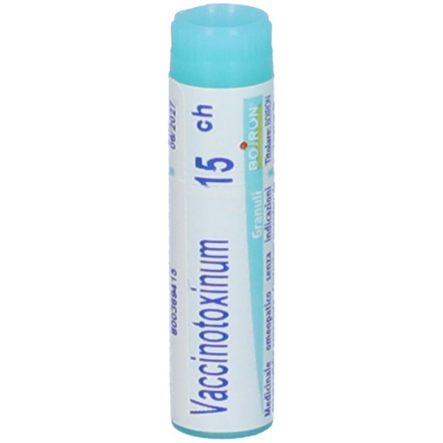 Tubo cilindrico, blu e bianco. Scritta: Vaccinotoxinum 15 CH, logo BOIRON. Altri testi.