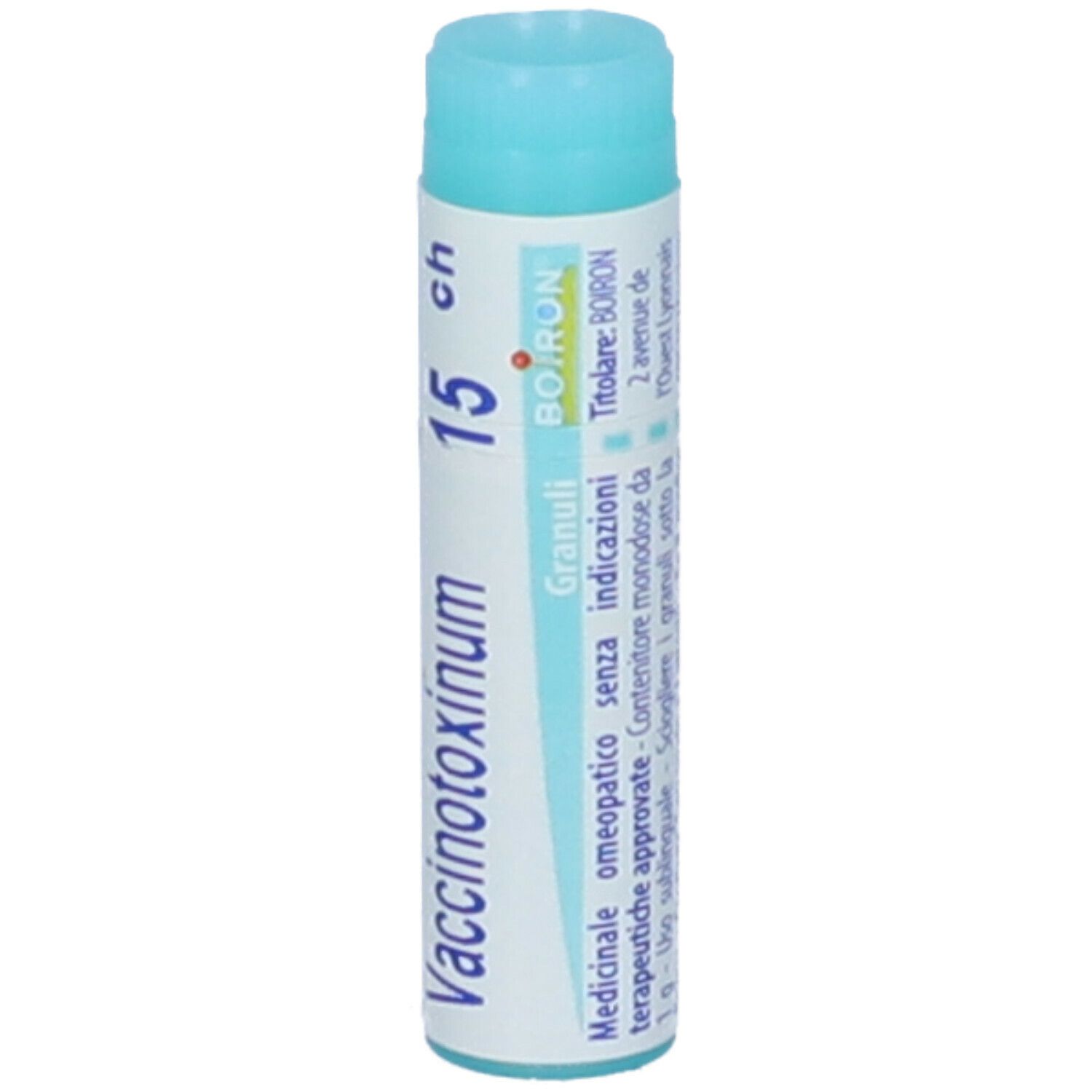 Tubo cilindrico, blu e bianco. Scritta: Vaccinotoxinum 15 CH, logo BOIRON. Altri testi.