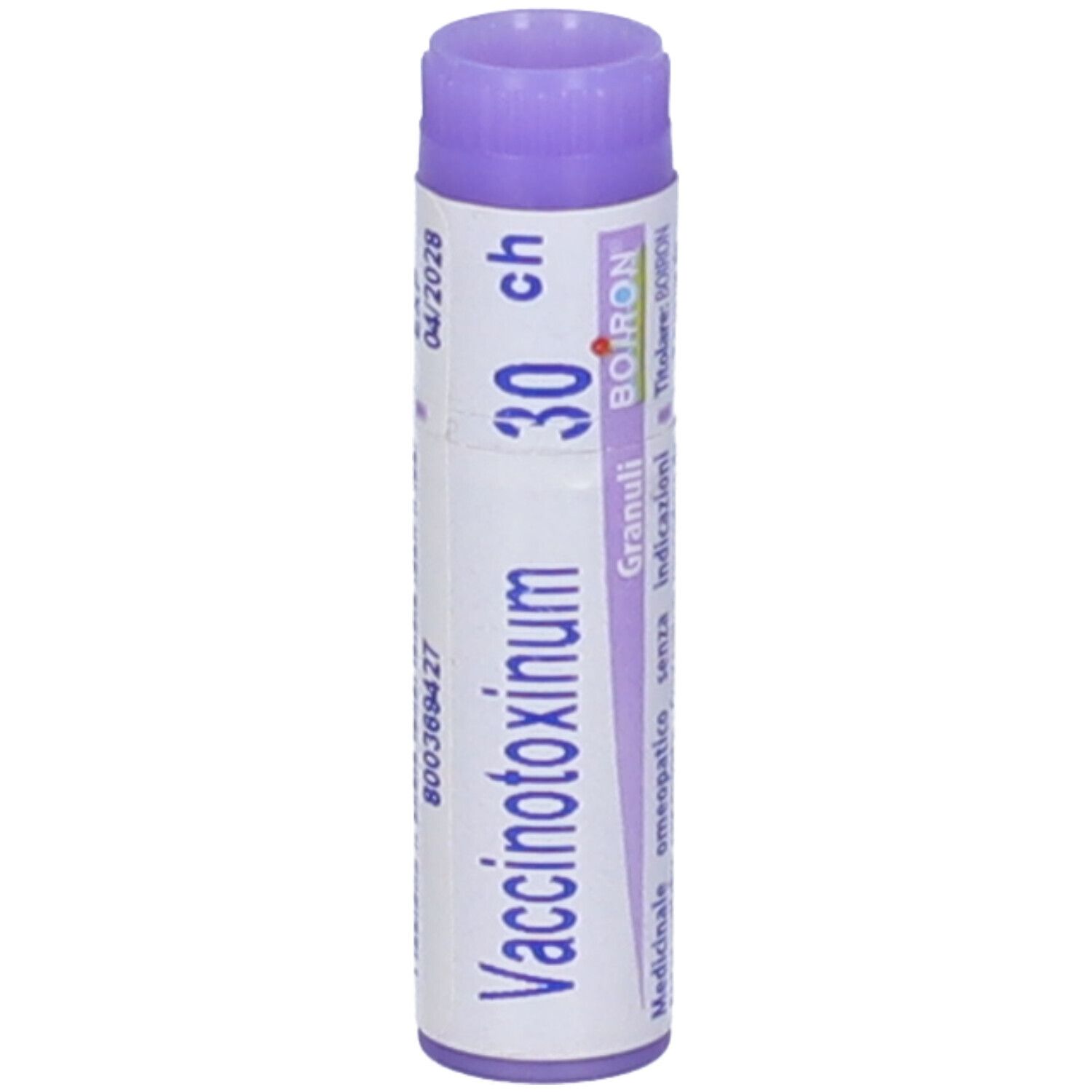 Confezione cilindrica, etichetta bianca con Vaccinotoxinum 30 ch, Granuli, BOIRON. Tappo viola. Scadenza 04/2028.