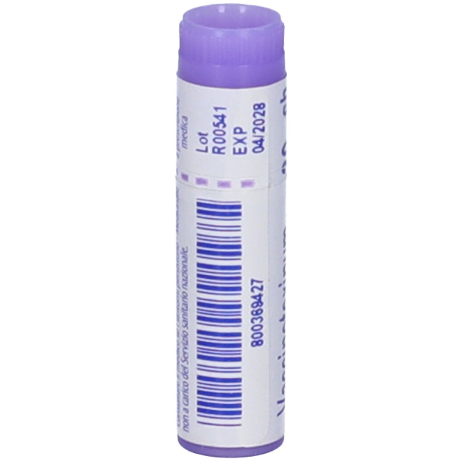 Confezione cilindrica, etichetta bianca con testo. Tappo viola. Scritta: Lot R00541 EXP 04/2028. Codice 800369427.
