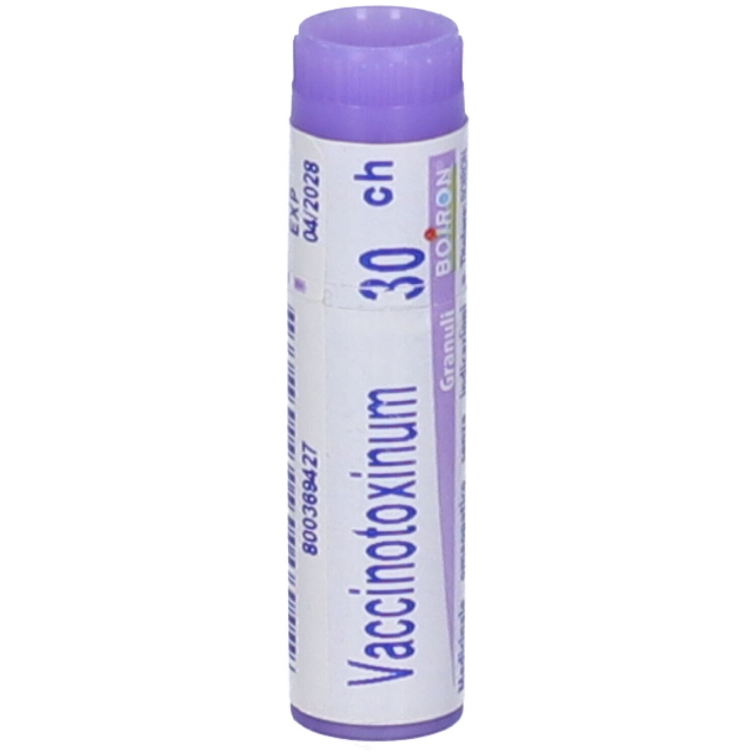 Confezione cilindrica, etichetta bianca con testo. Tappo viola. Scritta: Vaccinotoxinum 30 ch, Granuli, BOIRON. Scadenza 04/2028.
