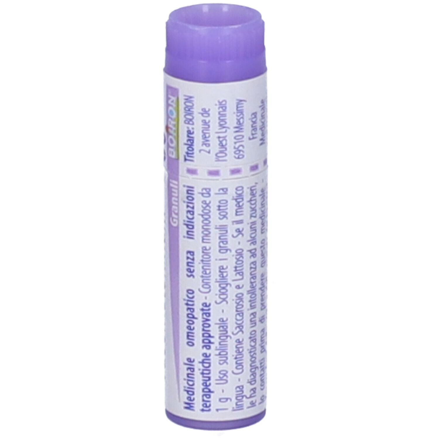 Confezione cilindrica, etichetta bianca con testo. Tappo viola. Scritta: Medicinale omeopatico senza indicazioni terapeutiche approvate.